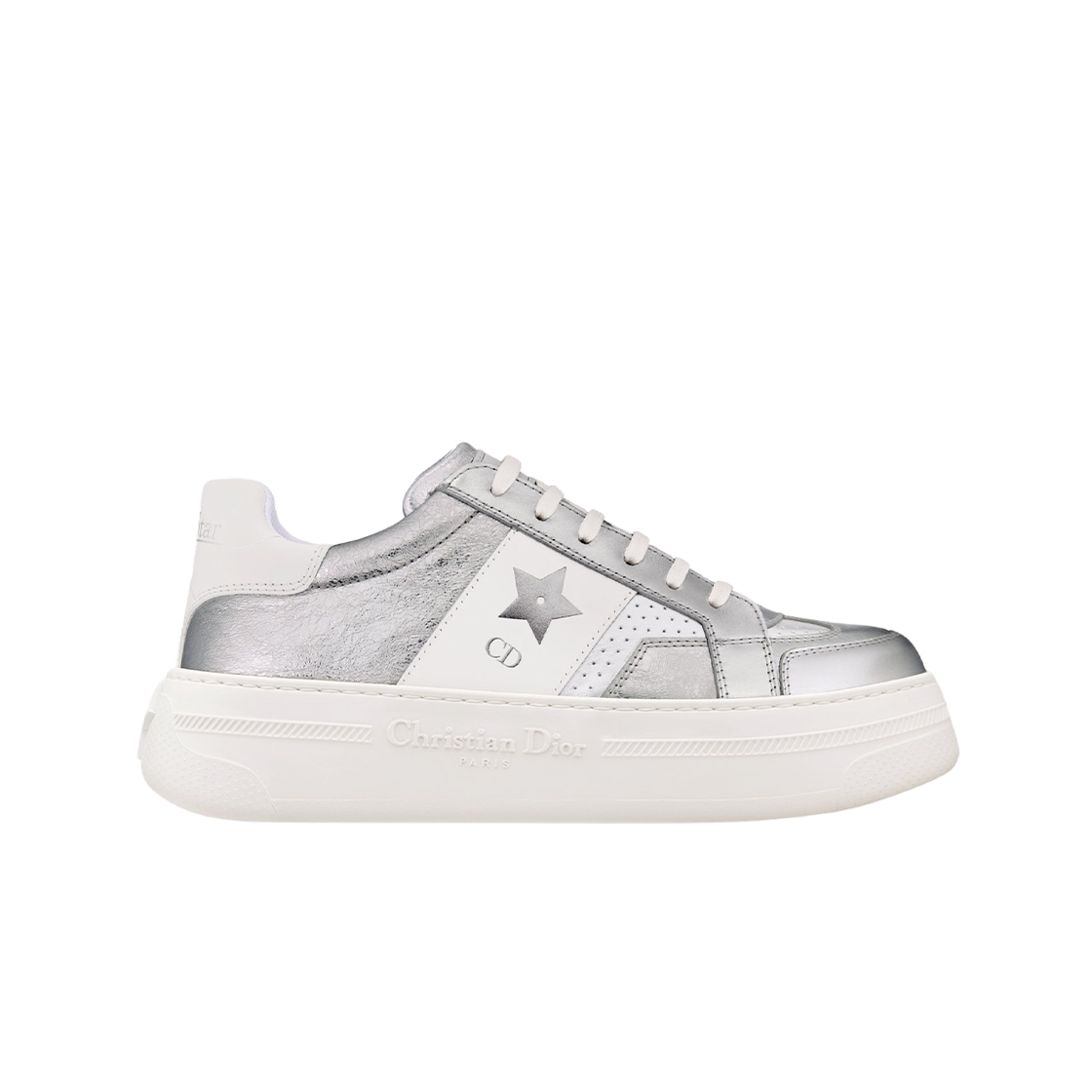 KCK426SLM-S46K (W) Dior Star Platform Sneakers Crinkled Effect Lambskin and Calfskin Silver White