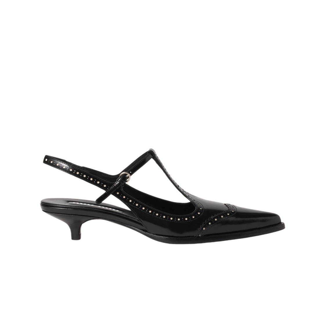 5I309E-055-F057Z (W) Miu Miu Brushed Leather Brogue Slingback T-Strap Pumps Black Ivory