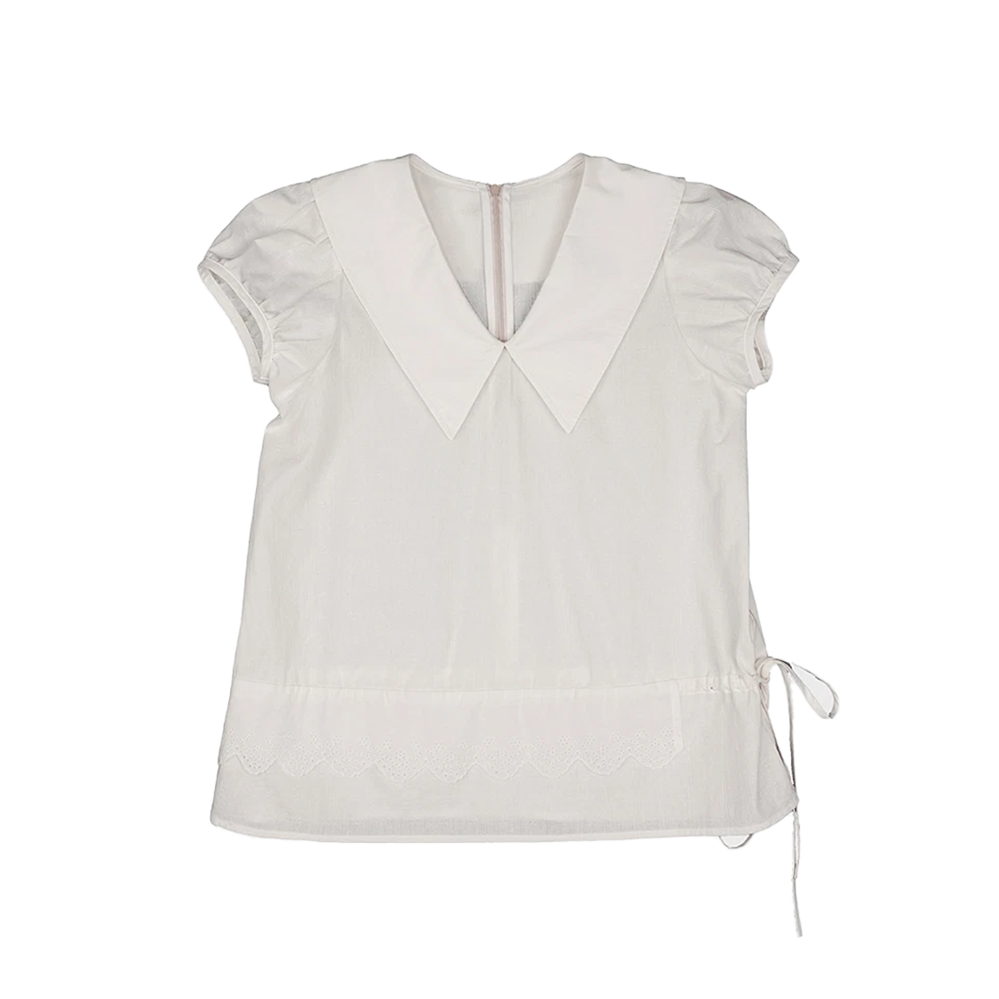 P0000DJE-WHITE Dared V Collar Embroidery Apron Blouse White - 대표 이미지 #1