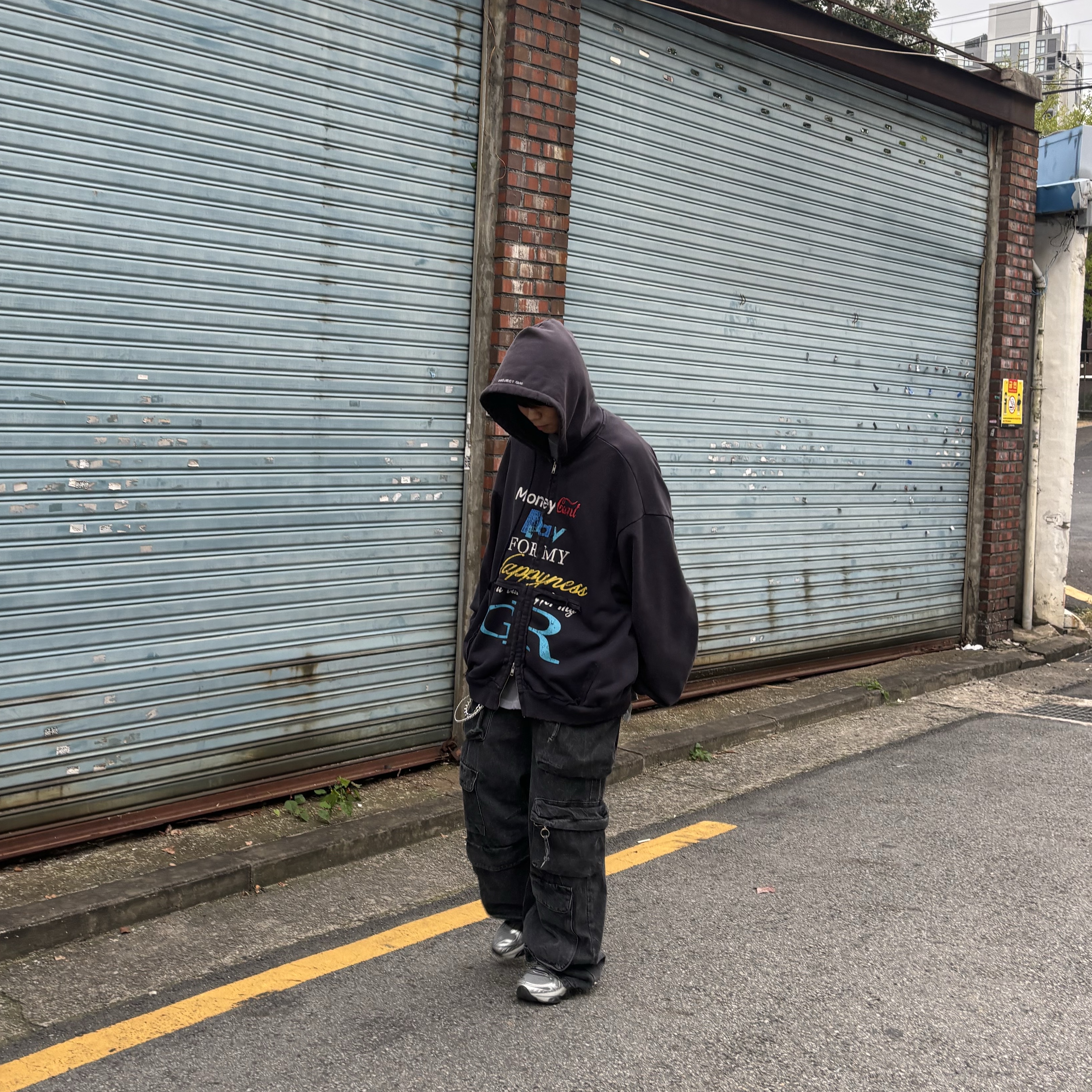Project G/R Happiness Zip Hoodie Navy, Asics Gel-Quantum Kinetic Mid Grey Pure Silver 착용 스타일 - 1