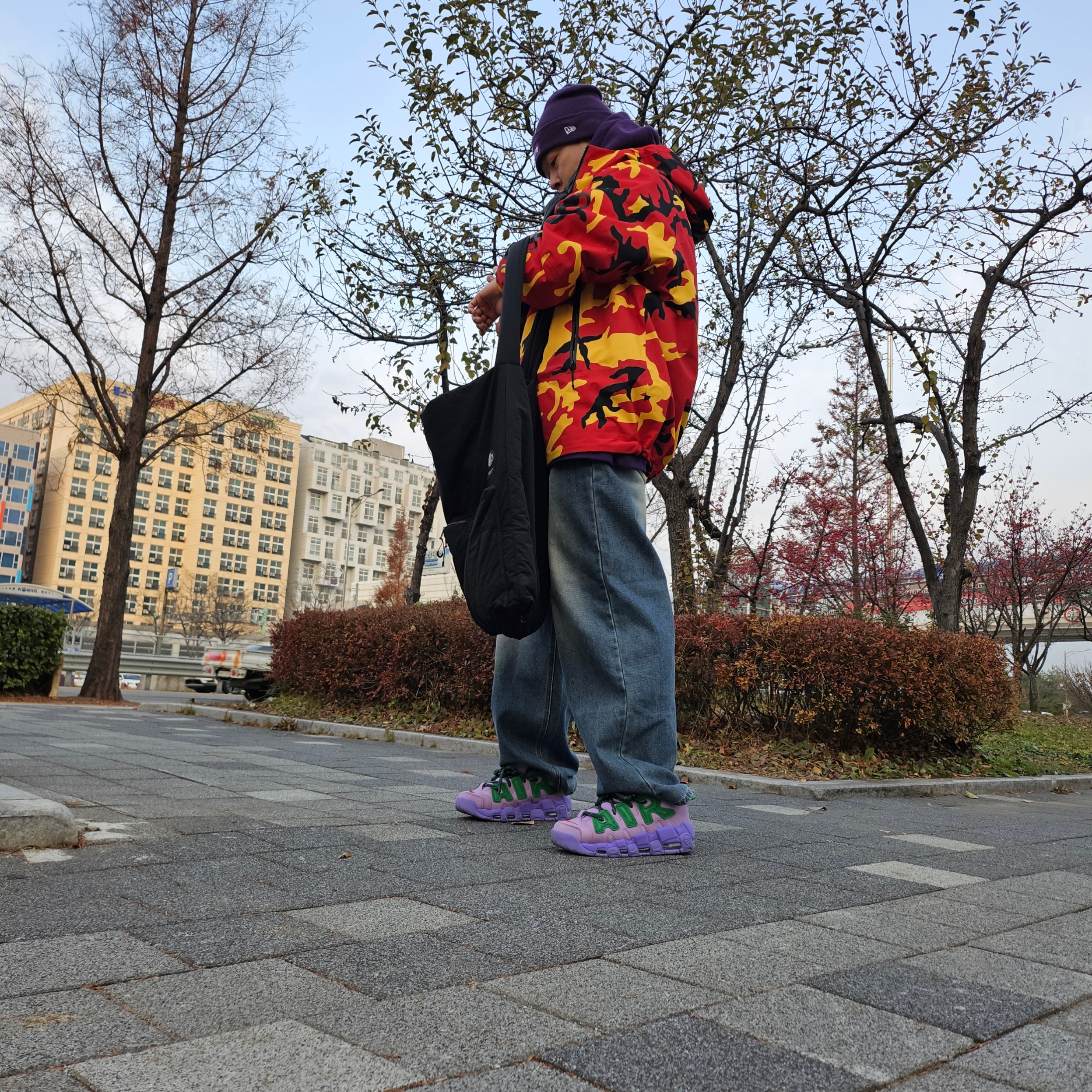 Supreme x The North Face Split Taped Seam Shell Jacket Camo - 24SS, Nike x Ambush Air More Uptempo Low Lilac and Apple Green 착용 스타일 - 4