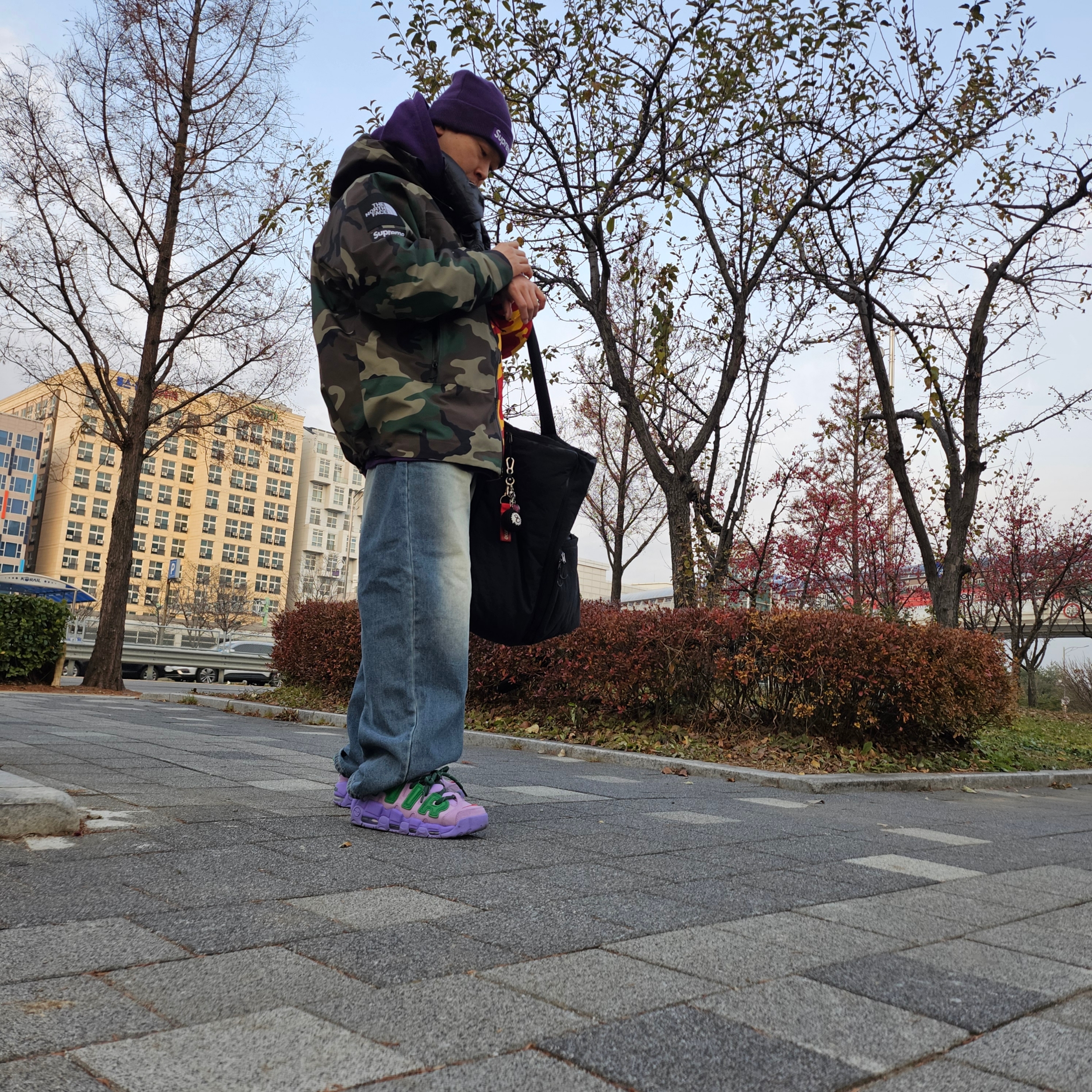 Supreme x The North Face Split Taped Seam Shell Jacket Camo - 24SS, Nike x Ambush Air More Uptempo Low Lilac and Apple Green 착용 스타일 - 3