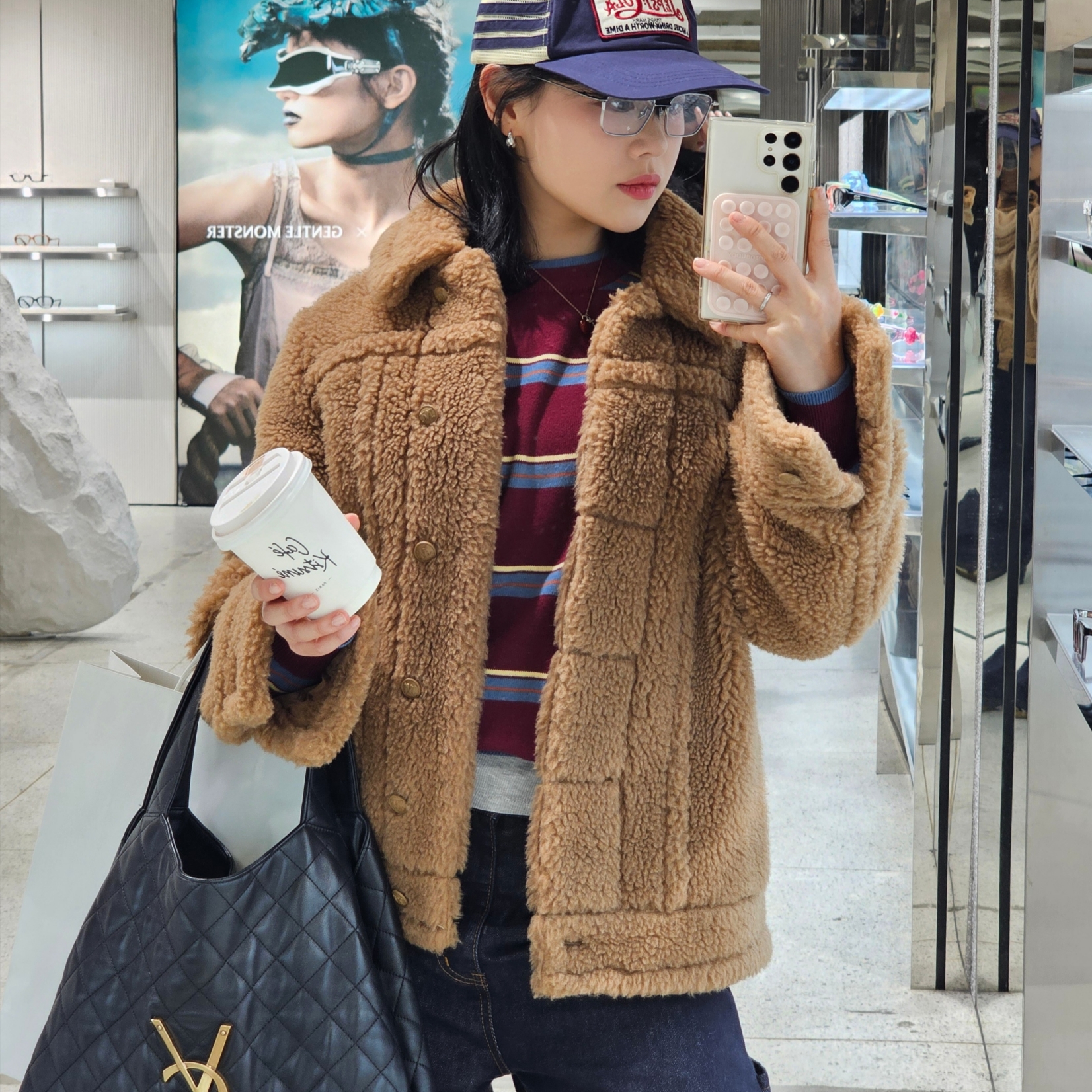 Saint Laurent Icare Maxi Shopping Bag in Quilted Lambskin Black, Adidas x Wales Bonner Pony Leo Samba Dark Brown Cream White 착용 스타일 - 2