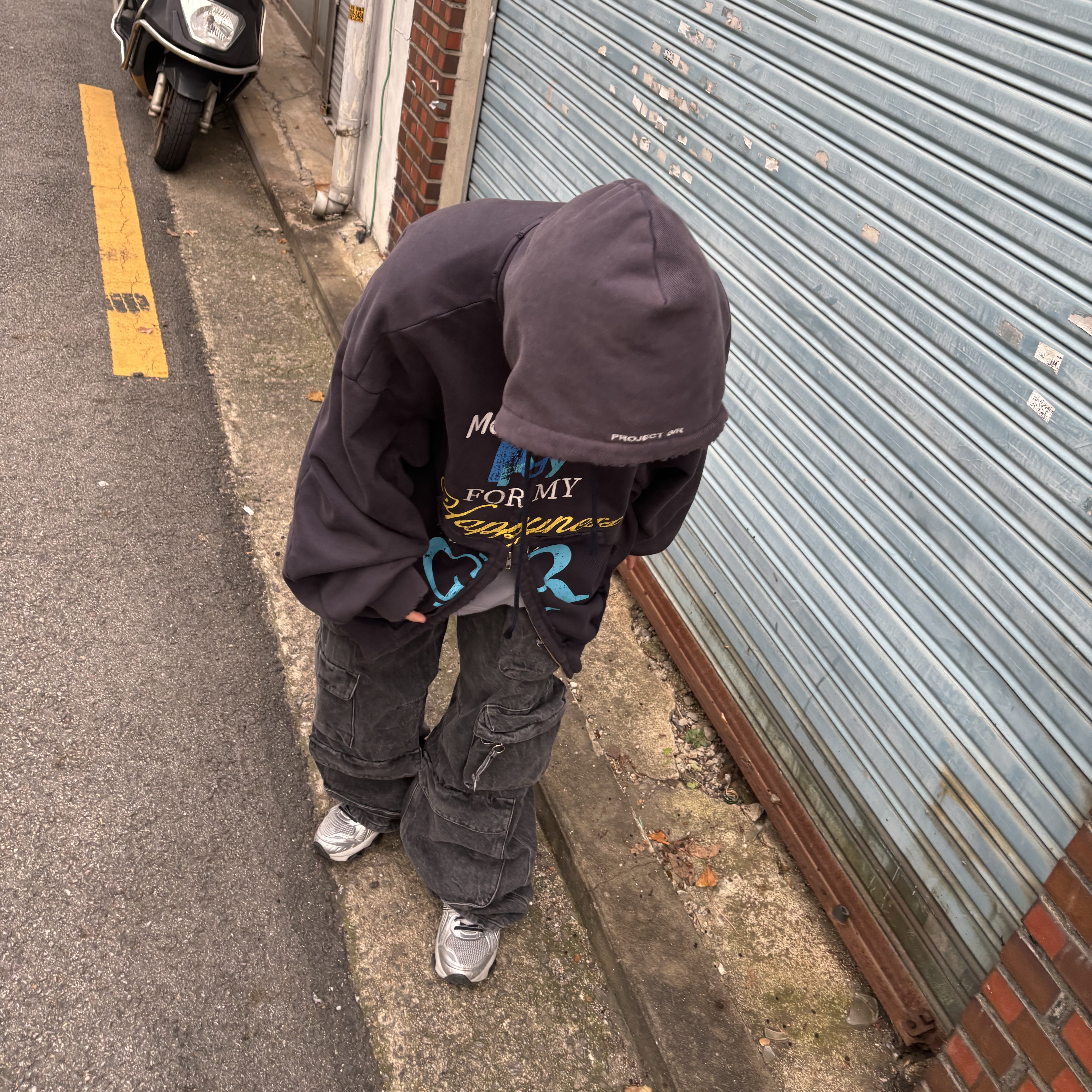 Project G/R Happiness Zip Hoodie Navy, Asics Gel-Quantum Kinetic Mid Grey Pure Silver 착용 스타일 - 4