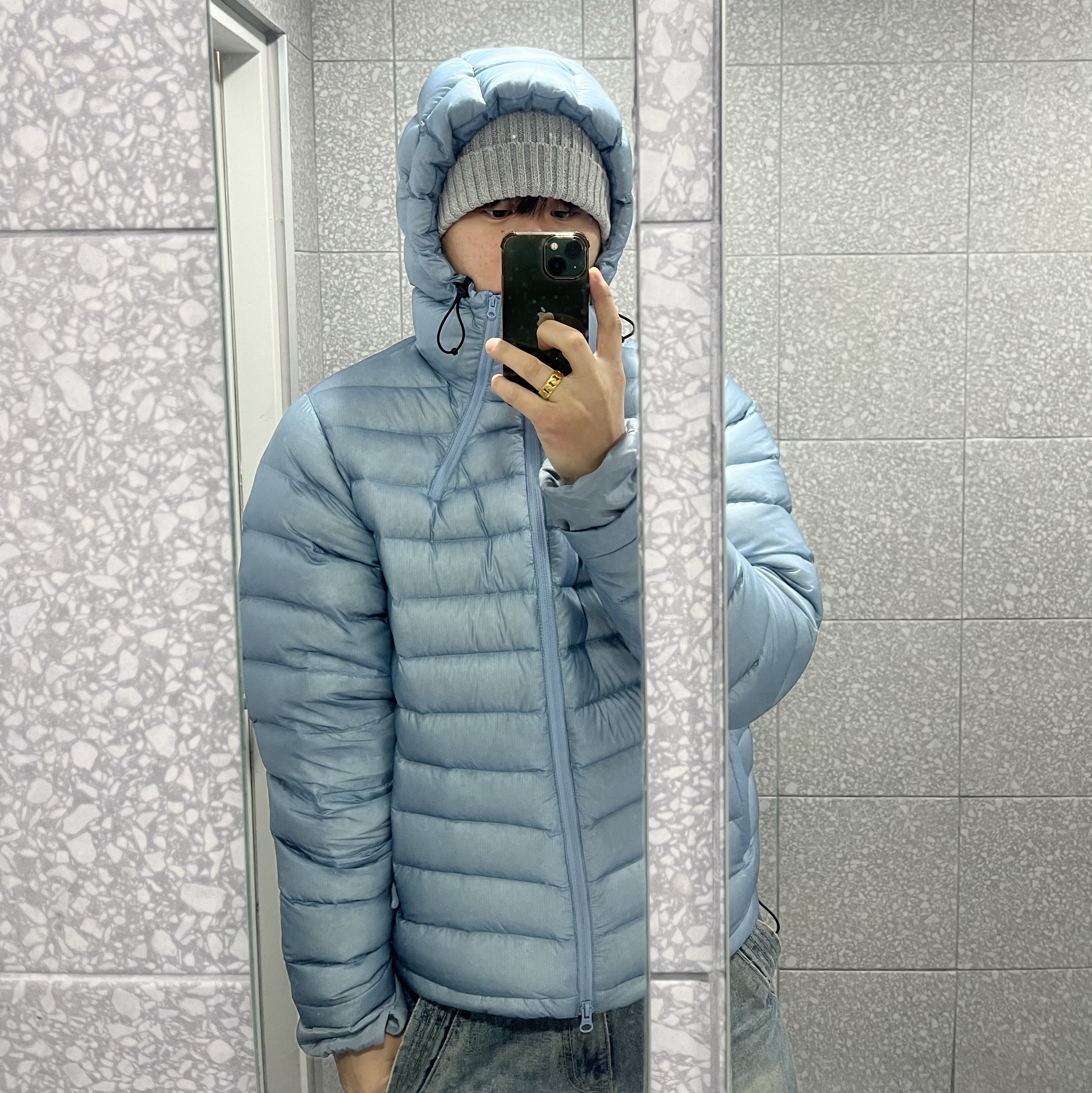Sansan Gear Suffix Puffer Jacket Sky Blue - 24FW 착용 스타일 - 2