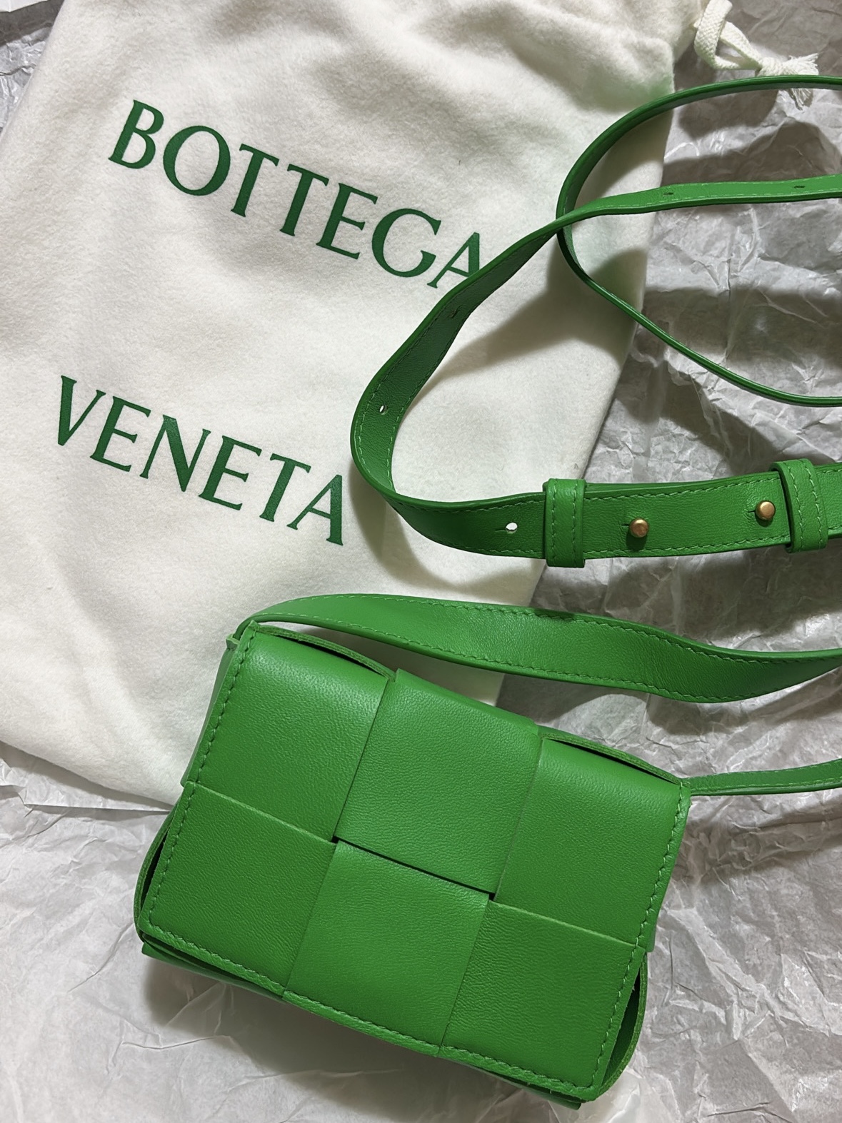 Bottega Veneta Mini Leather Cassette Parakeet 착용 스타일