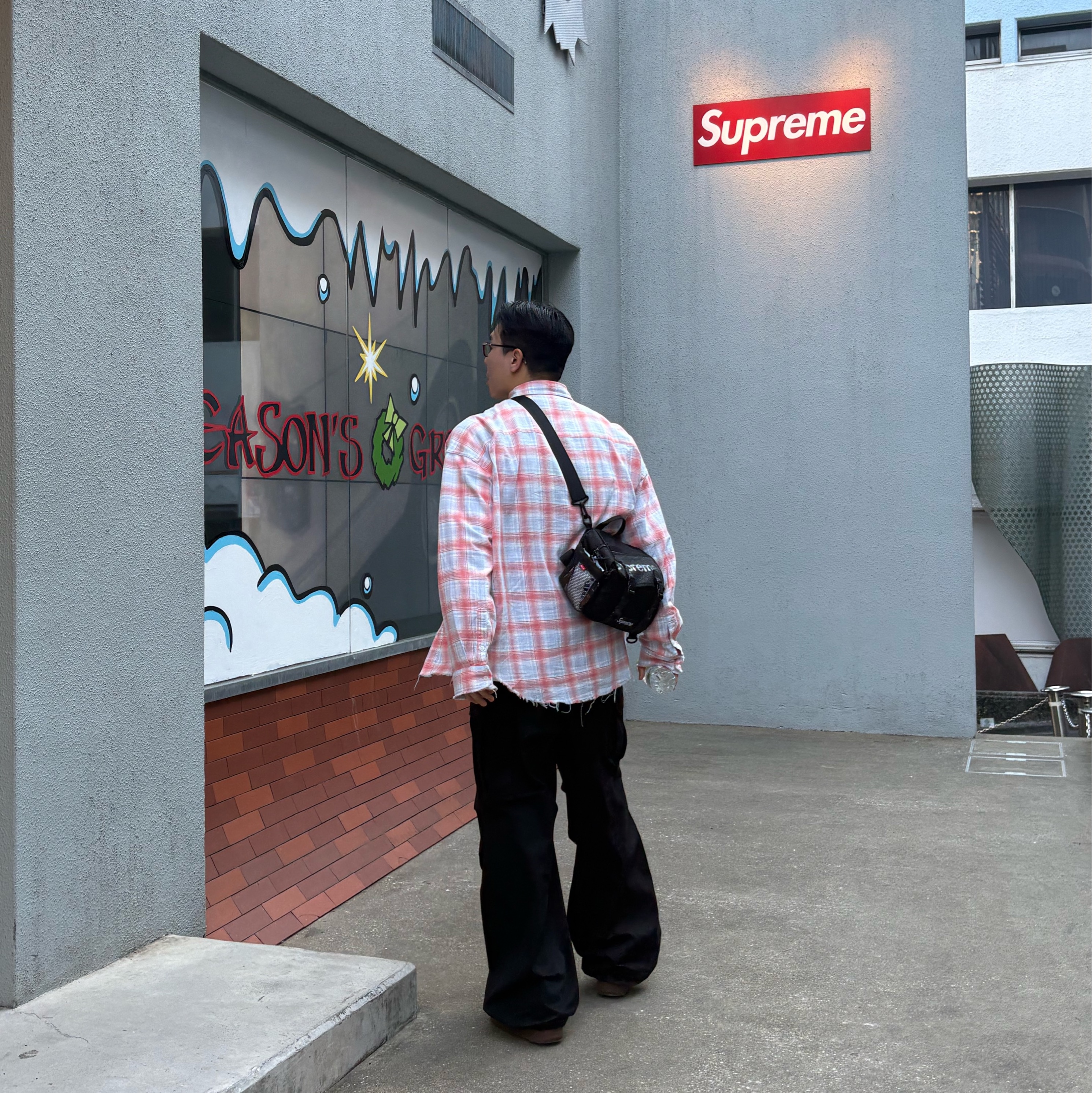 Nonnod Flexible String Check Shirt Japanese Grunge, Supreme Mesh Waist Bag Black - 20SS 착용 스타일 - 1