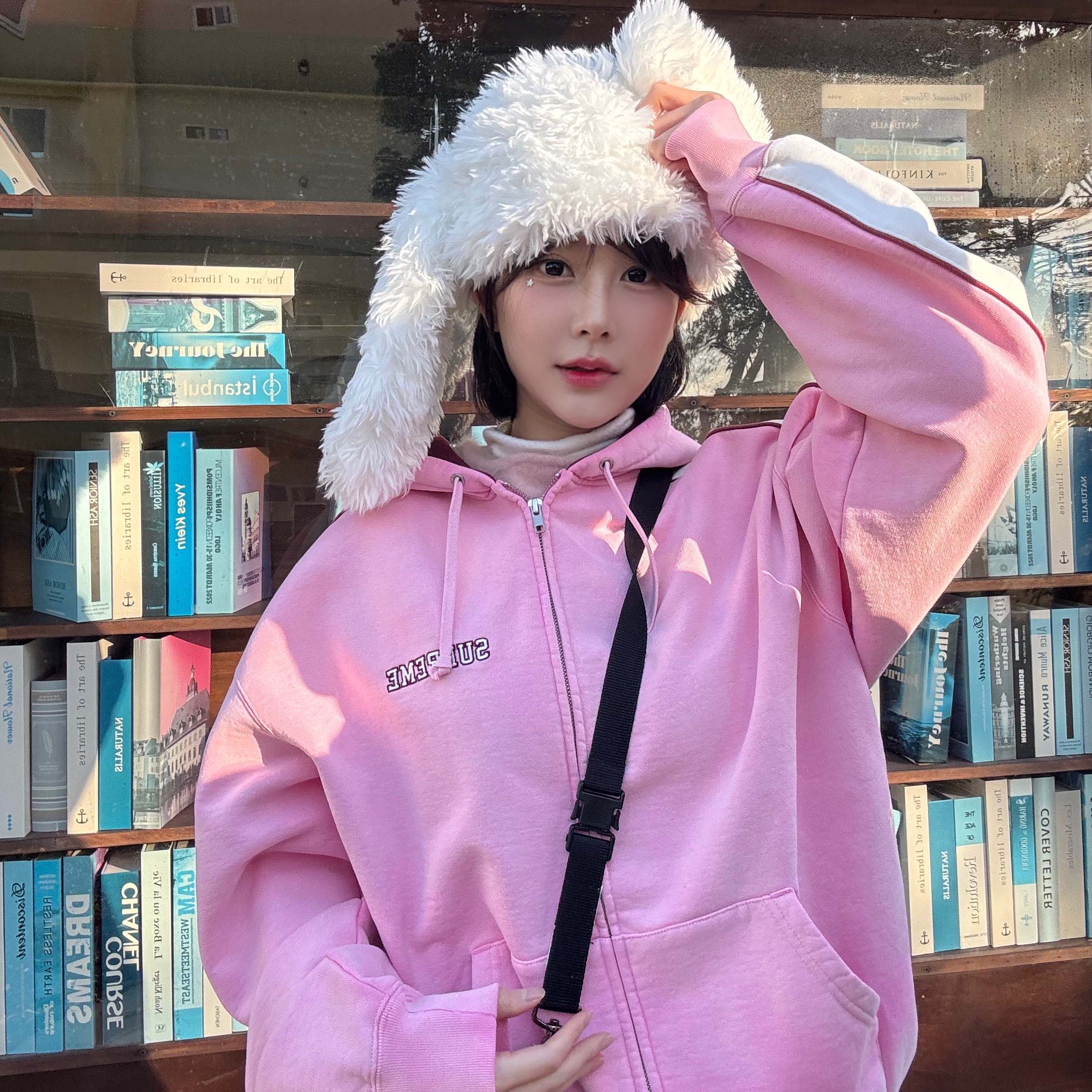 Supreme State Zip Up Hooded Sweatshirt Pink - 24FW 착용 스타일