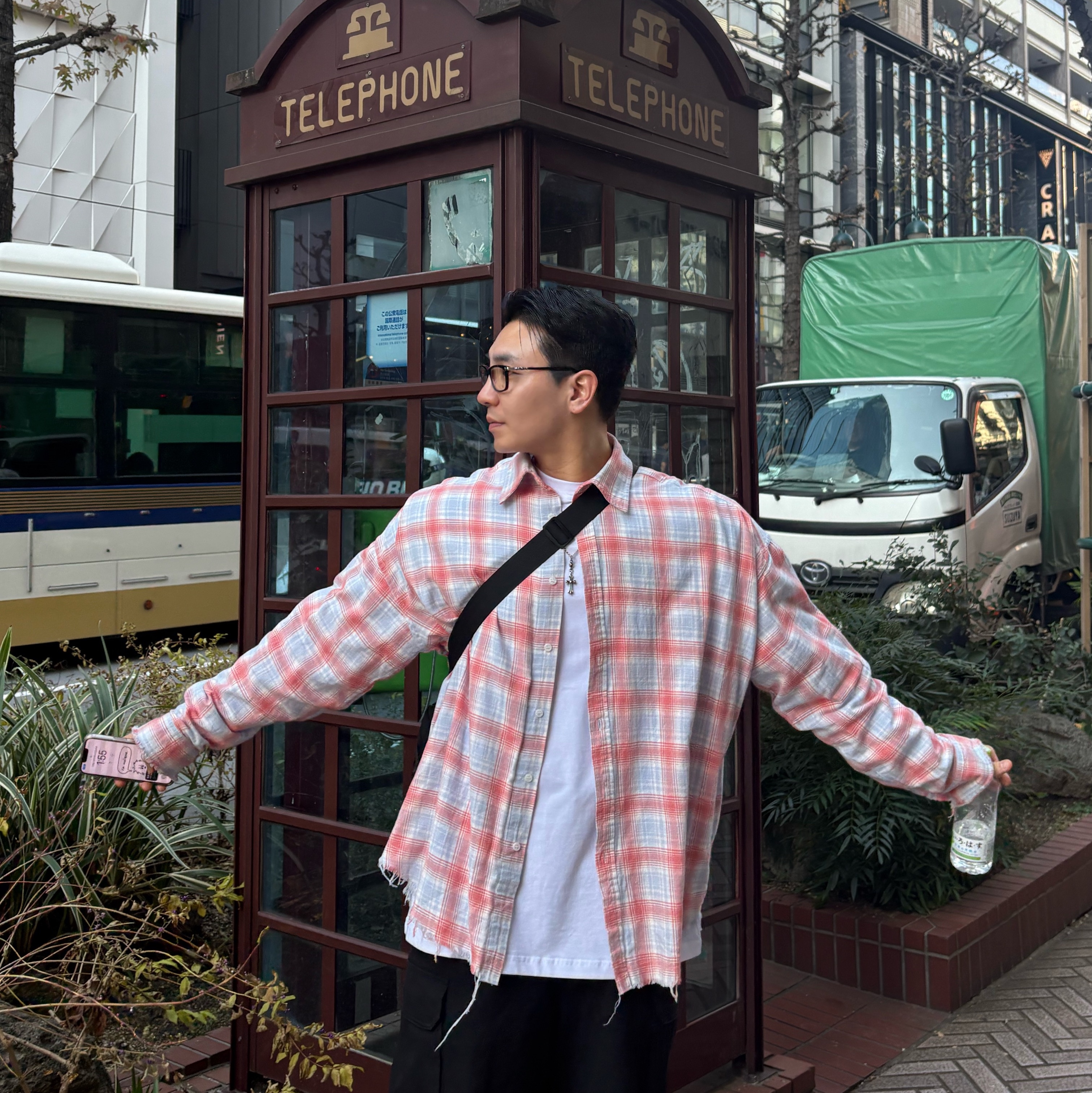 Nonnod Flexible String Check Shirt Japanese Grunge, Supreme Mesh Waist Bag Black - 20SS 착용 스타일 - 6