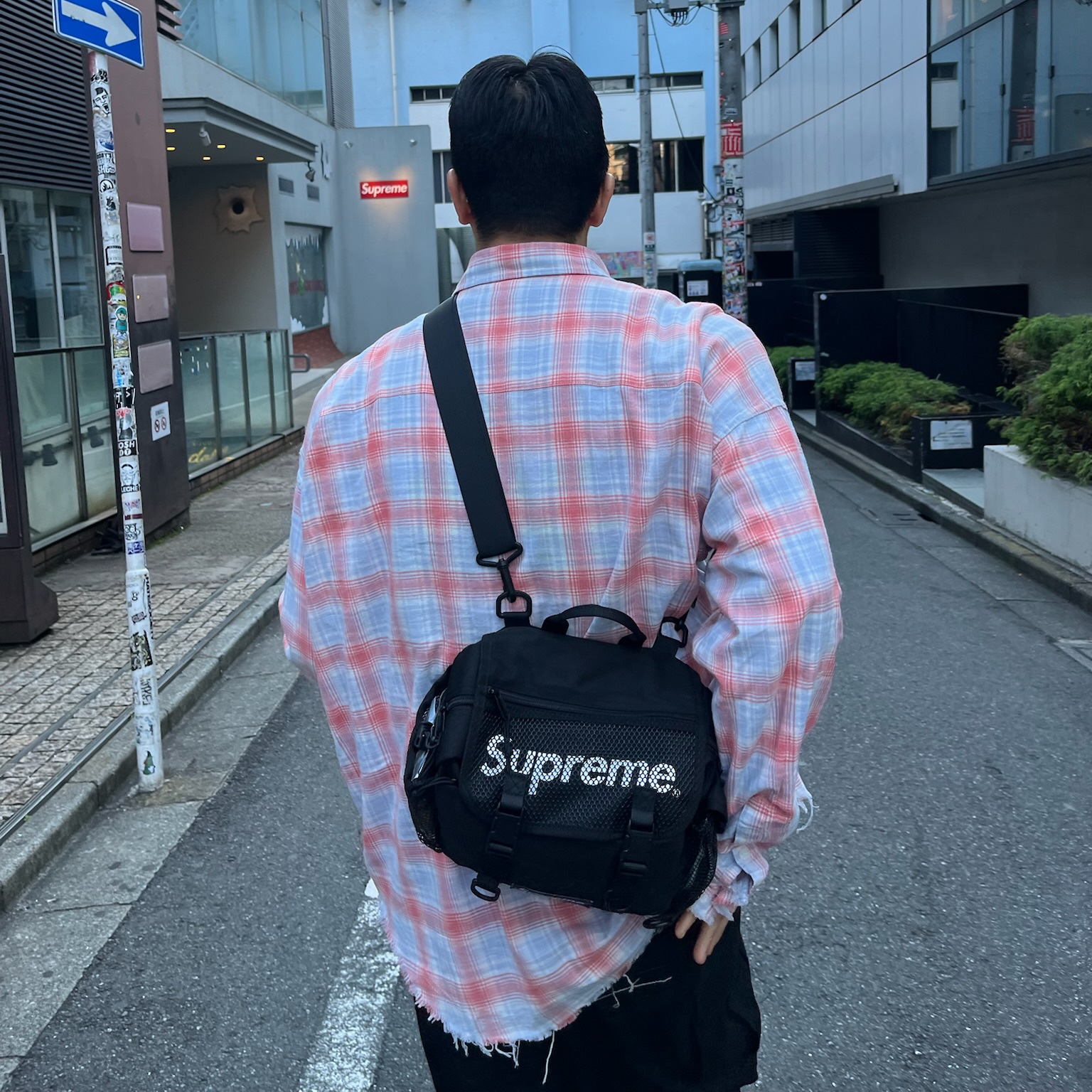 Nonnod Flexible String Check Shirt Japanese Grunge, Supreme Mesh Waist Bag Black - 20SS 착용 스타일 - 4