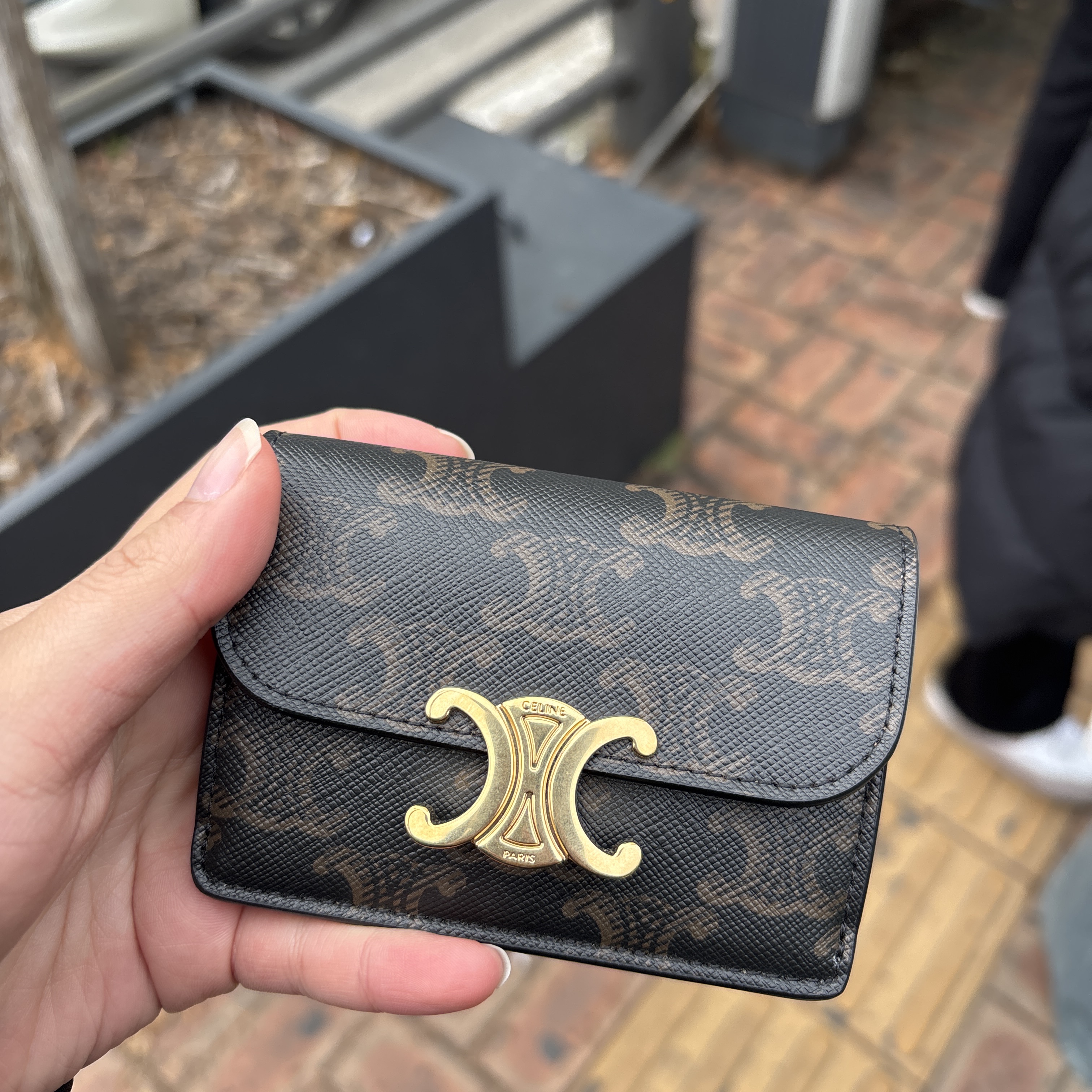 Celine Card Holder with Flap in Triomphe Canvas Tan 착용 스타일