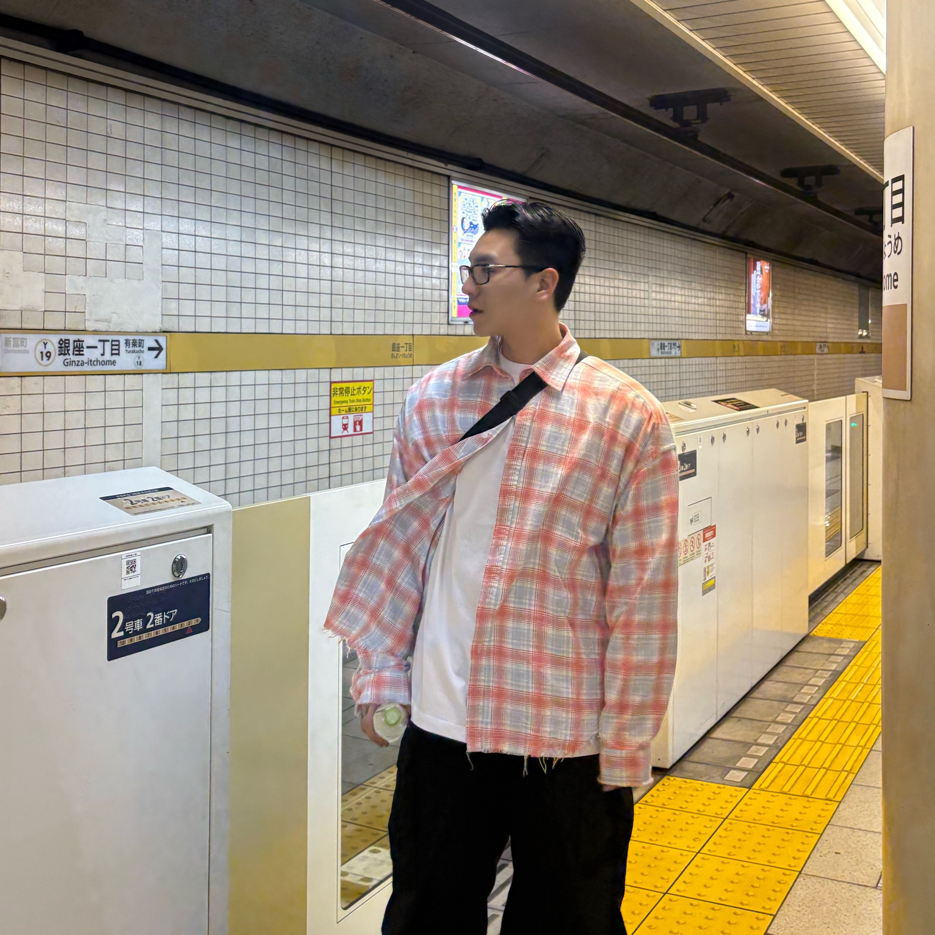Nonnod Flexible String Check Shirt Japanese Grunge, Supreme Mesh Waist Bag Black - 20SS 착용 스타일 - 5