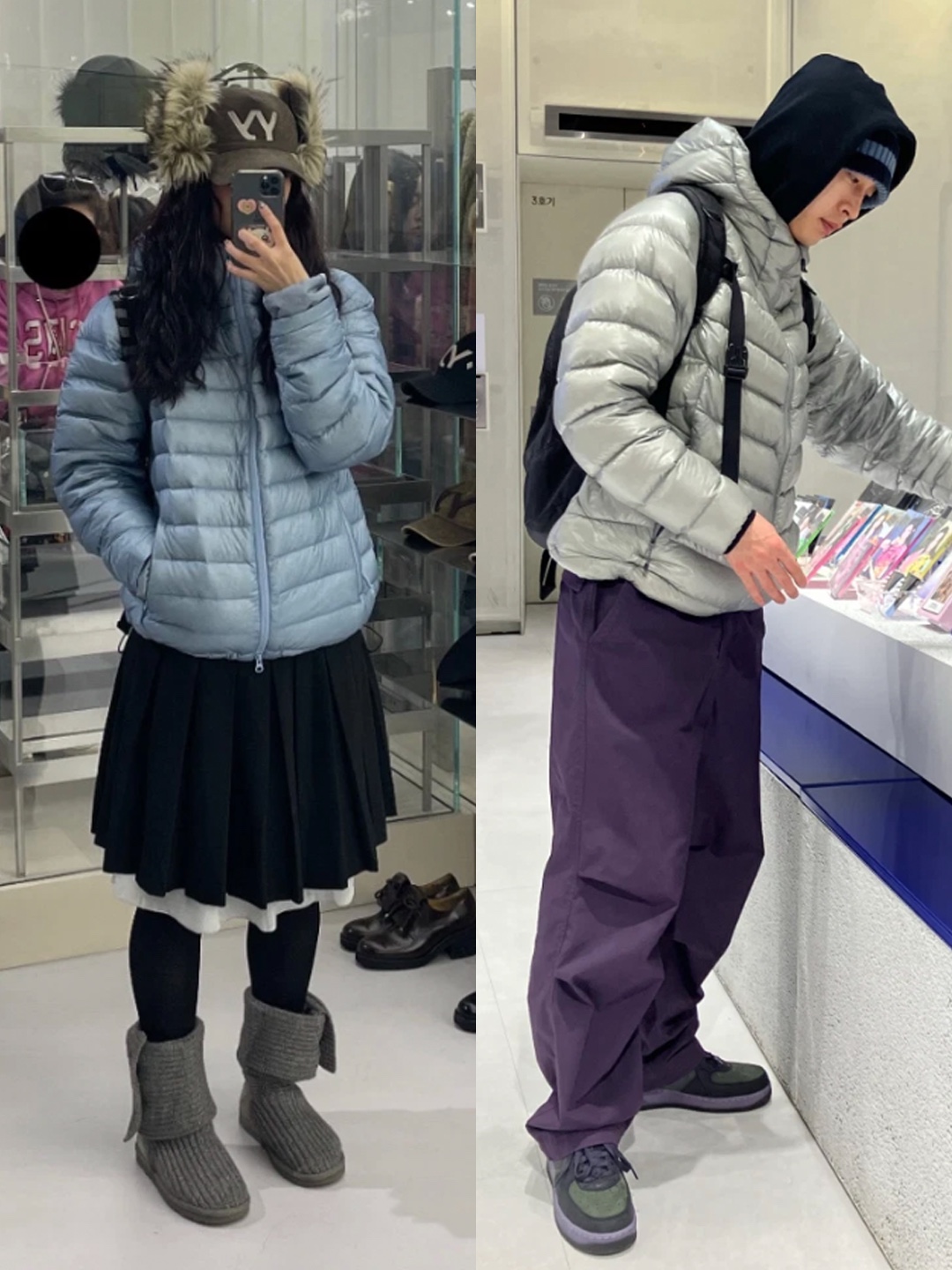 Sansan Gear Suffix Puffer Jacket Sky Blue - 24FW, The North Face Summit Mattehorn RDS Down Jacket Light Gray 착용 스타일 - 2