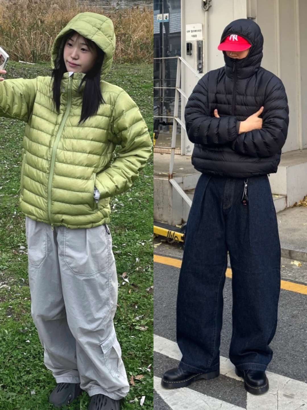 Sansan Gear Suffix Puffer Jacket Sky Blue - 24FW, The North Face Summit Mattehorn RDS Down Jacket Light Gray 착용 스타일 - 3