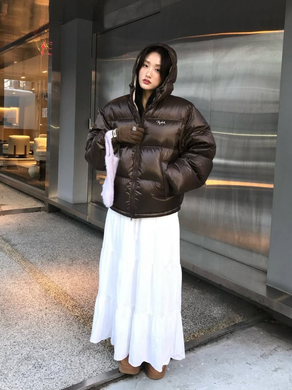 TONY HAWK Balboa Ripstop Hooded Down Short Puffer Brown 착용 스타일 - 2