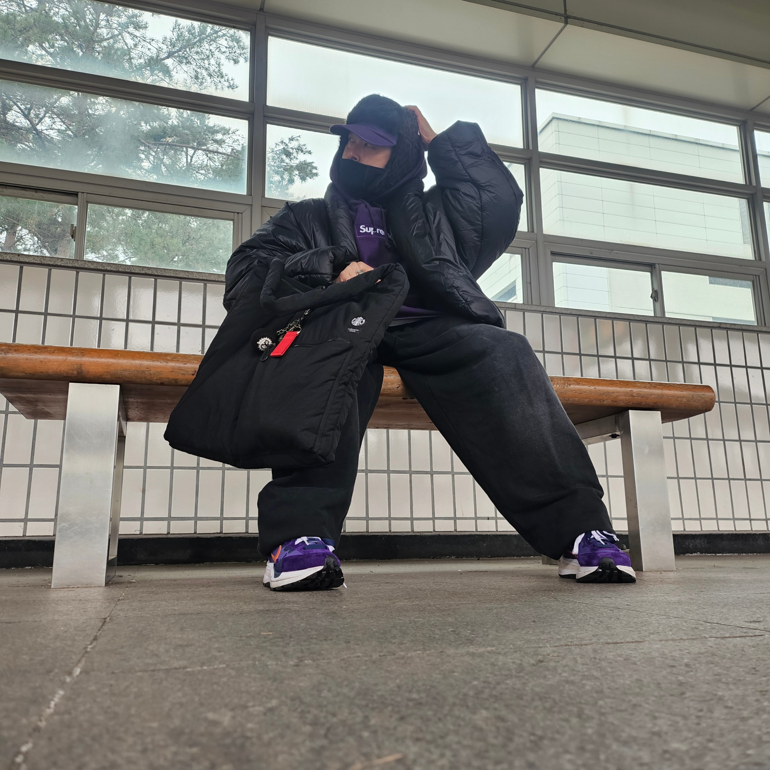 Supreme Box Logo Hooded Sweatshirt Dark Purple - 23FW, HRTM x NAROO V101 Half Balaclava Black 착용 스타일 - 4
