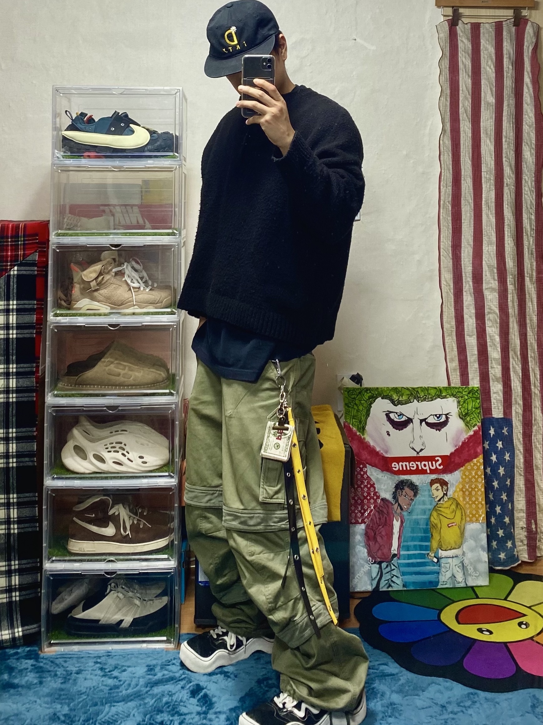 Farfromwhat Far Layered Work Pants Olive, Jordan x Travis Scott T-Shirts Black (DZ5514-011) 착용 스타일 - 1