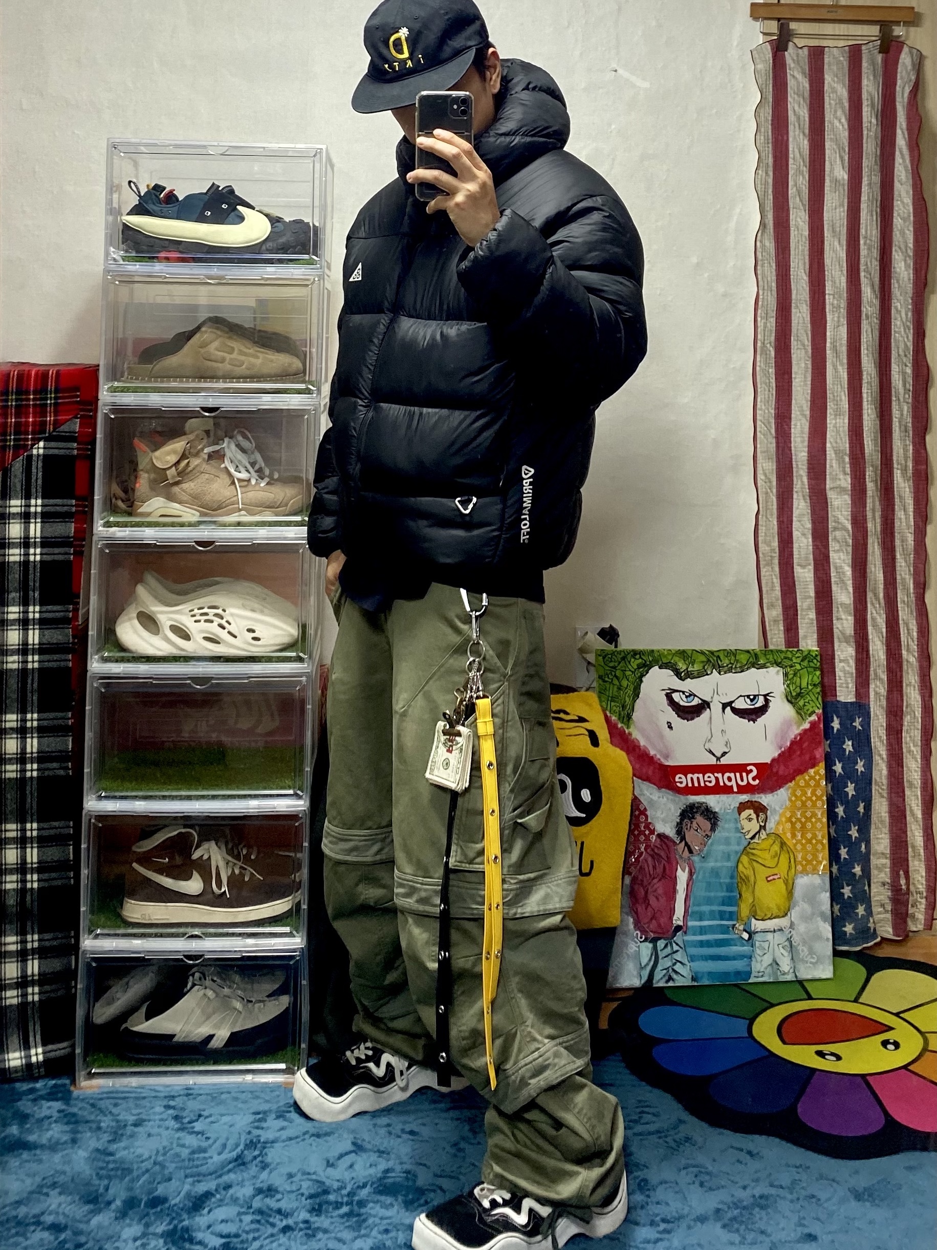 Farfromwhat Far Layered Work Pants Olive, Jordan x Travis Scott T-Shirts Black (DZ5514-011) 착용 스타일 - 2