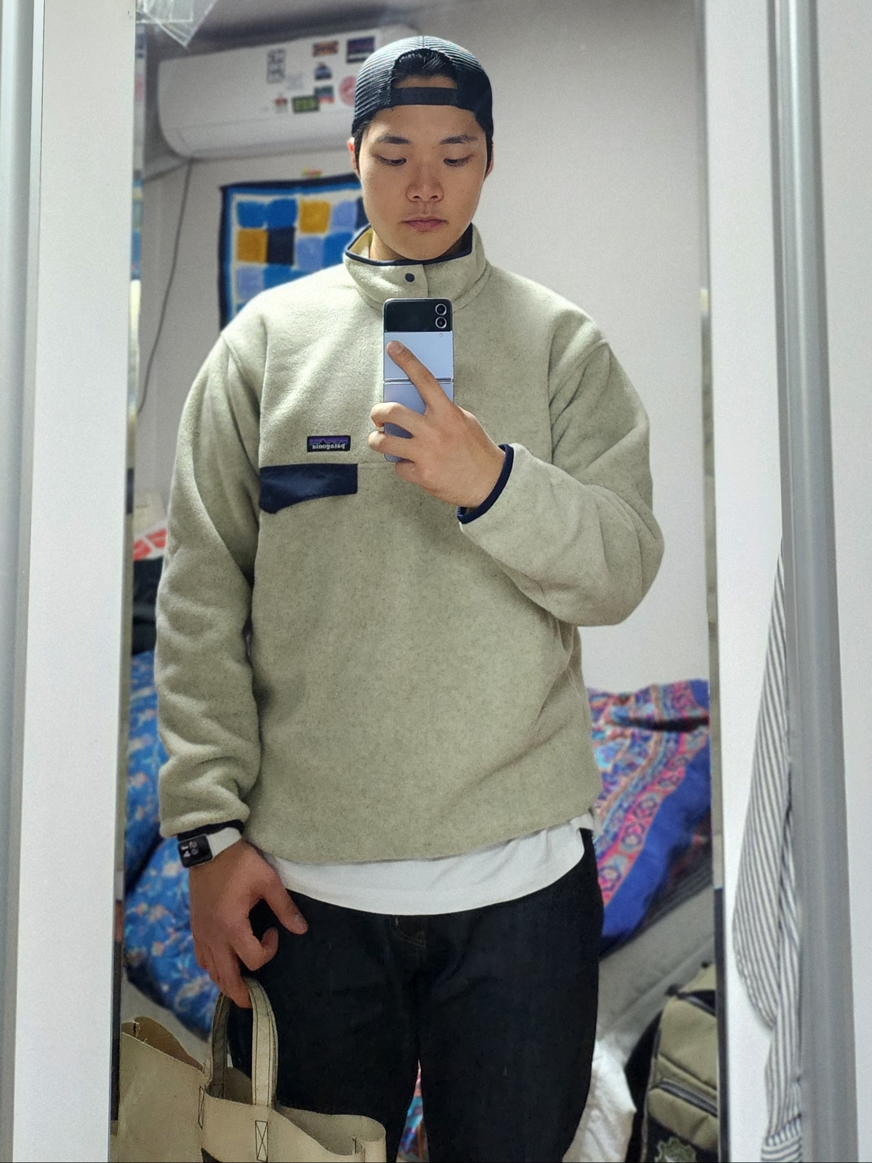 Patagonia Synchilla Snap-T Fleece Pullover Oatmeal Heather 착용 스타일 - 4
