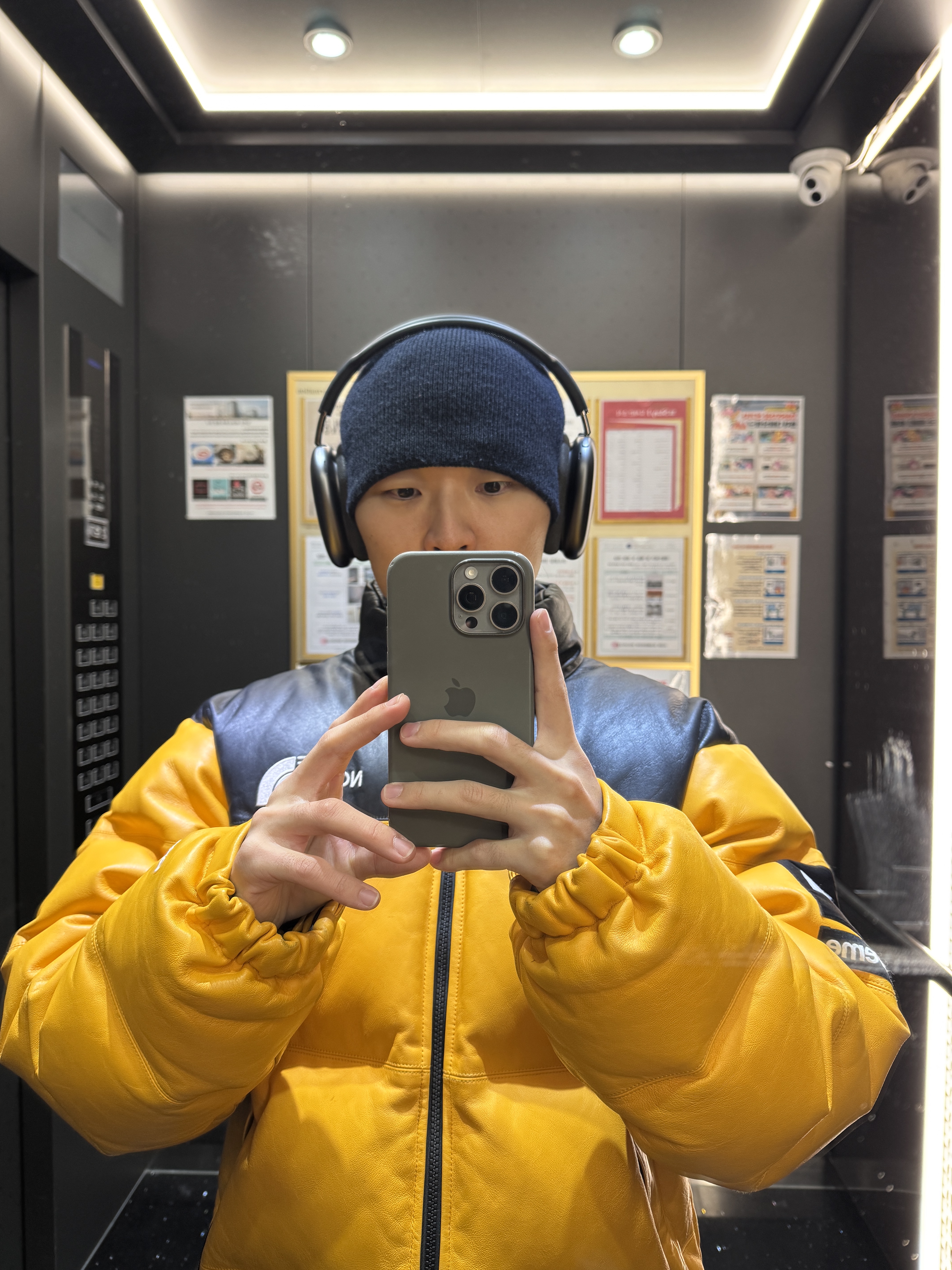 Supreme x The North Face Leather Nuptse Jacket Yellow - 17FW 착용 스타일