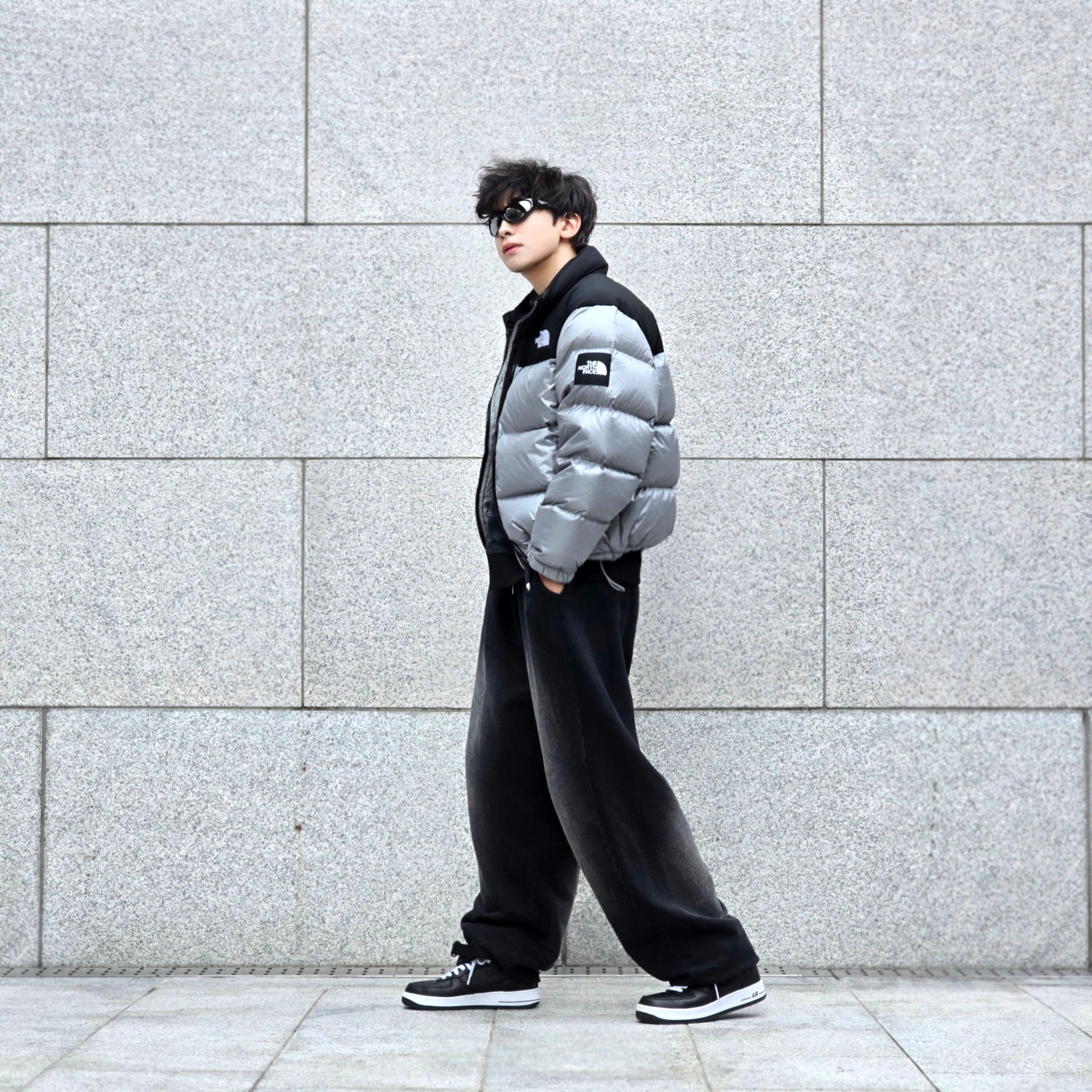 The North Face White Label Novelty Nuptse Down Jacket Heather Gray, Nike x Stussy Air Force 1 '07 Mid SP Black 착용 스타일 - 4