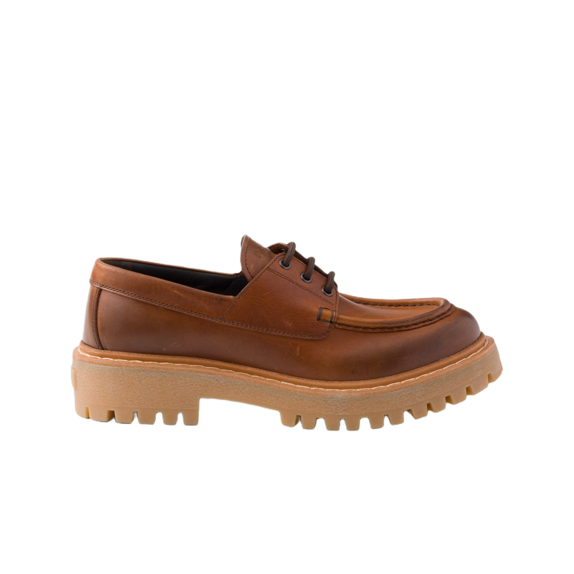 1E802N-070-F0046 (W) Prada Laced Leather Loafers Cognac