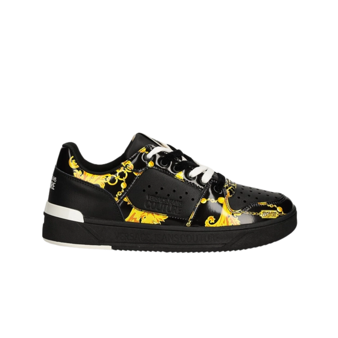 베르사체 진 꾸뛰르 로고 바로크 프린트 스니커즈 블랙 골드(Versace Jeans Couture Logo Baroque Print Sneakers Black Gold)
