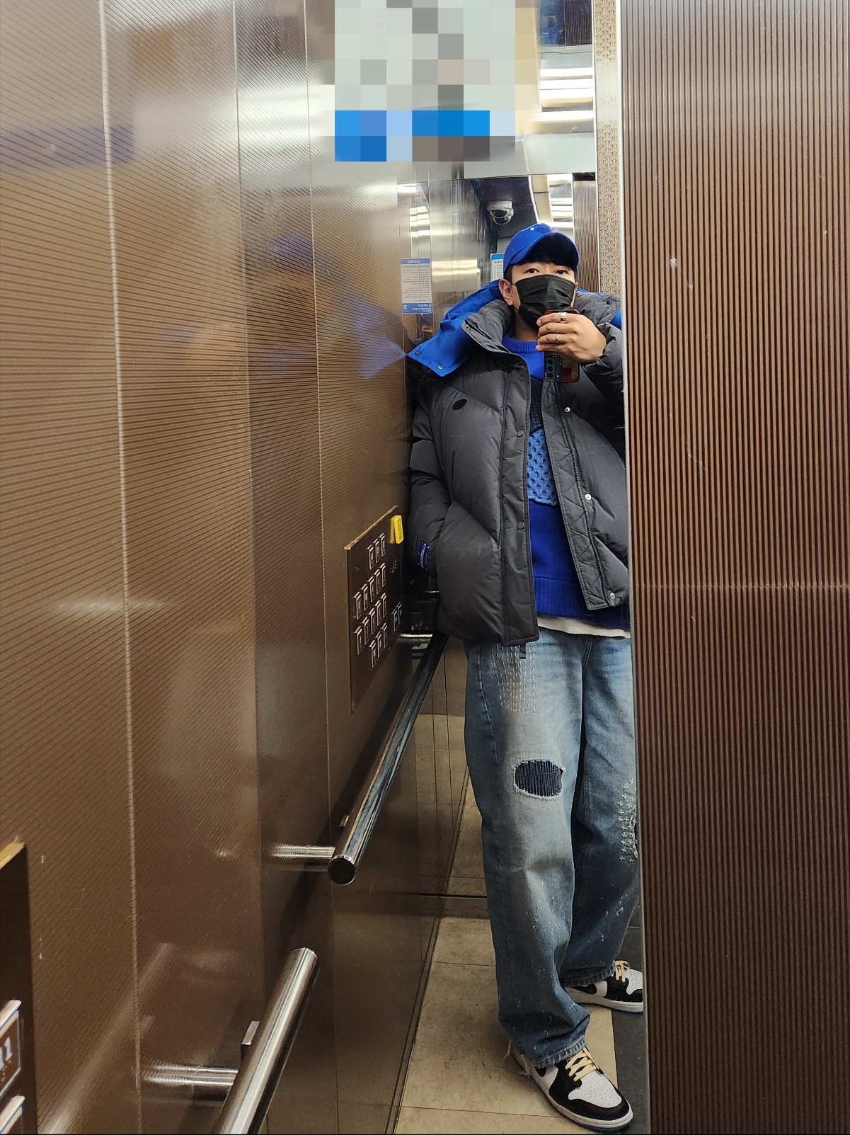 Ader Error Twin Heart Logo Cap Blue, Zara x Ader Error Oversize Puffer Jacket Grey 착용 스타일