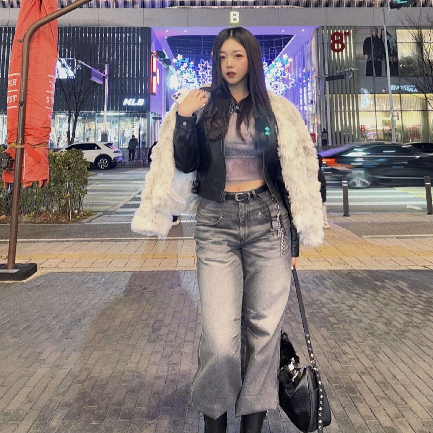 (W) Bohemian Seoul Matt Leather Biker Jacket Black 착용 스타일 - 1