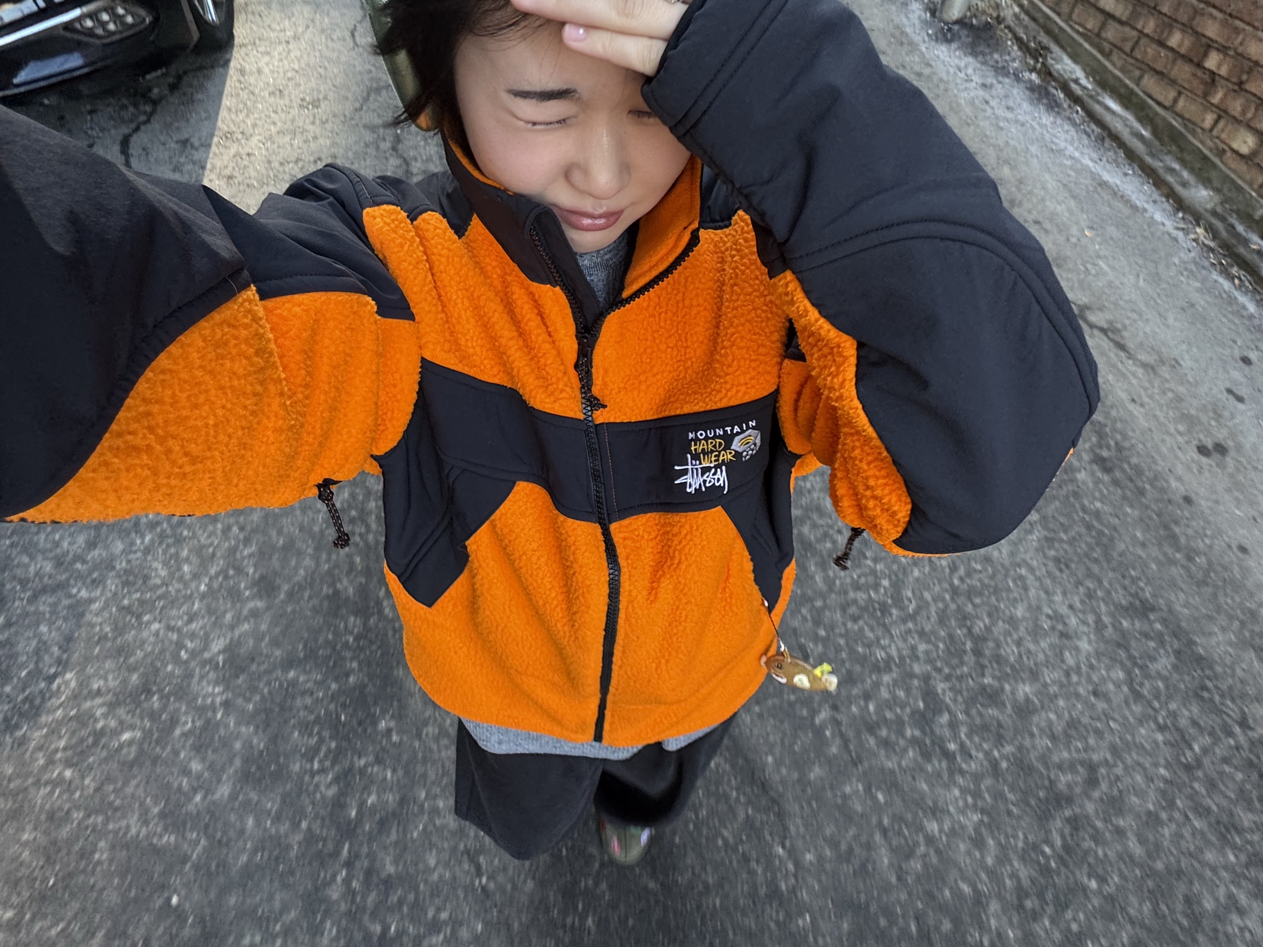 Stussy x Mountain Hardwear Fleece Jacket Alpine Orange 착용 스타일 - 2