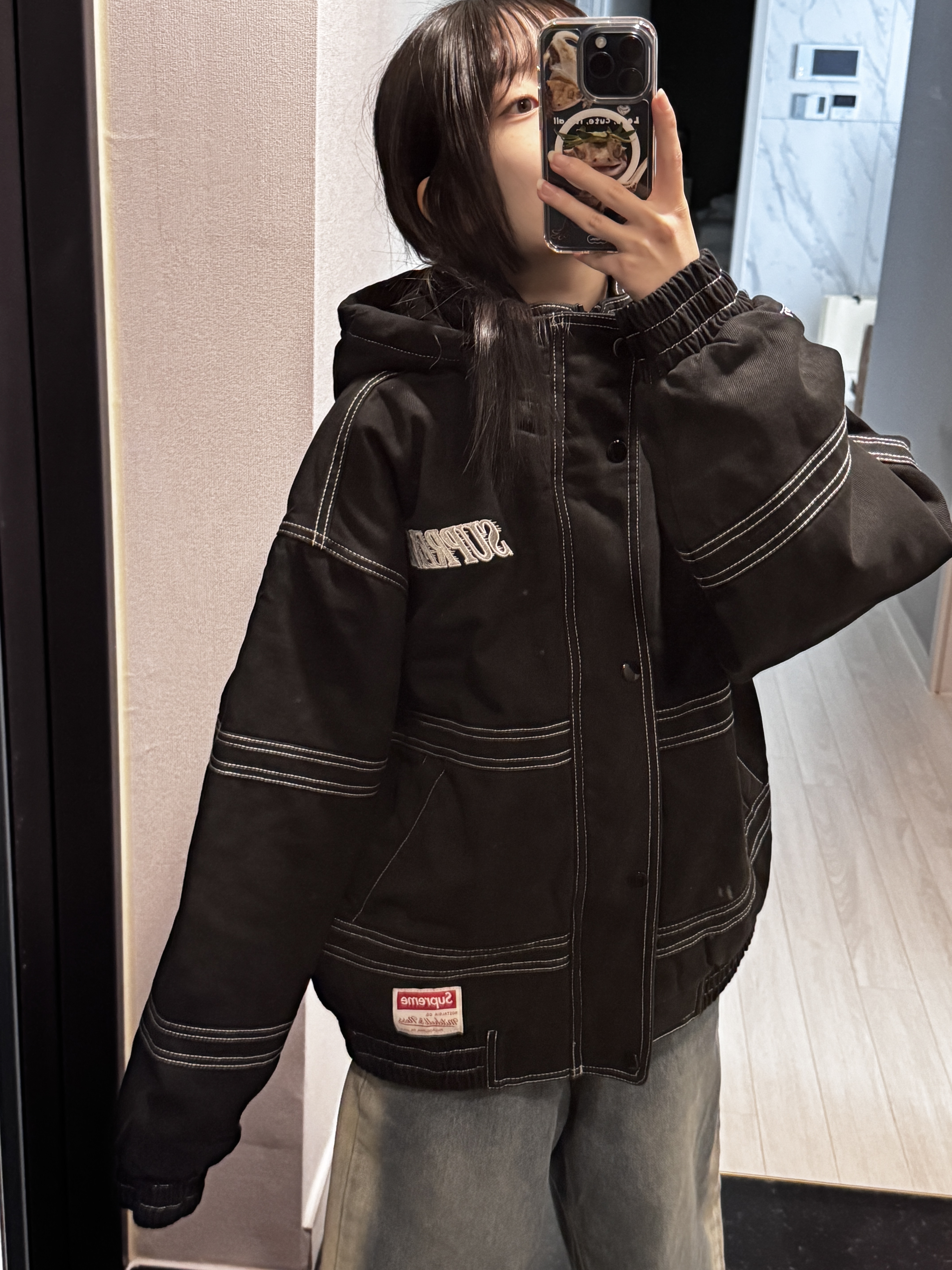 Supreme Mitchell & Ness Twill Stadium Jacket Black - 24FW 착용 스타일 - 1