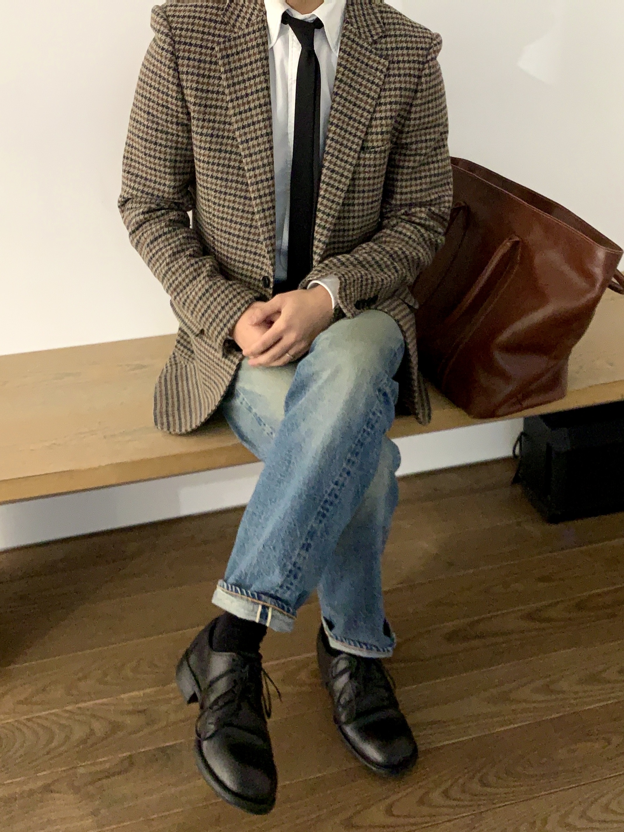 Warehouse & Co. Lot 2nd-Hand 1101 Pants Used Wash Light Indigo, Guidi 992 Horse Full Grain Leather Derby Black 착용 스타일 - 2