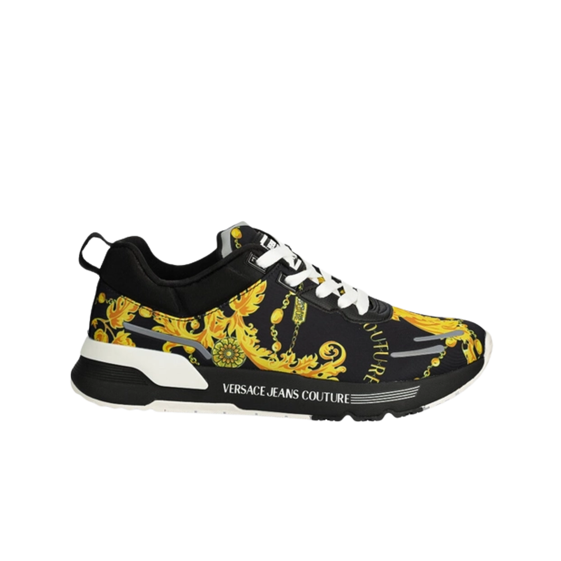 베르사체 진 꾸뛰르 바로크 프린트 스니커즈 블랙 골드(Versace Jeans Couture Baroque Print Sneakers Black Gold)