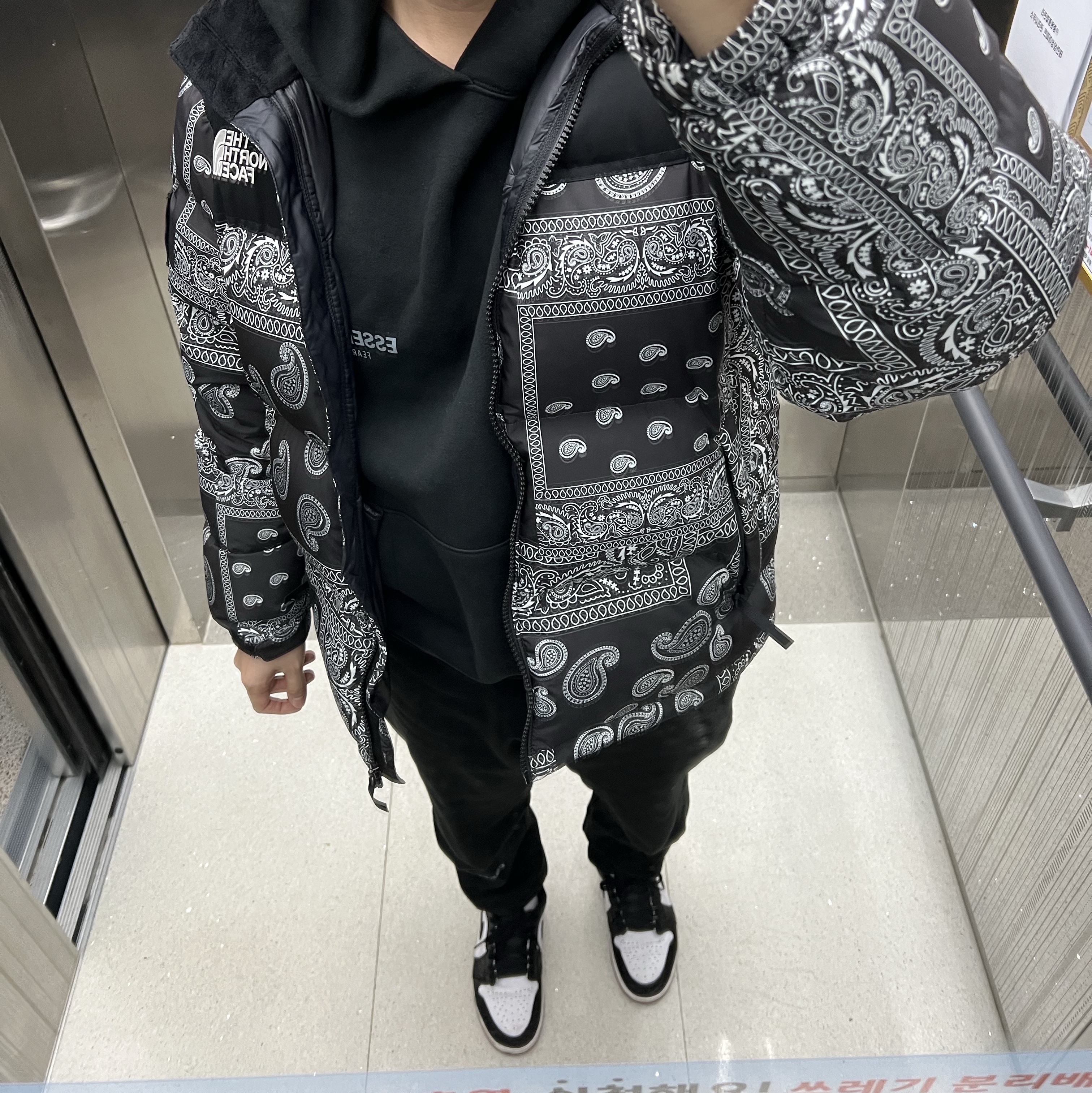 The North Face Nuptse Down Jacket Black, Essentials The Core Collection Pullover Hoodie Black 착용 스타일