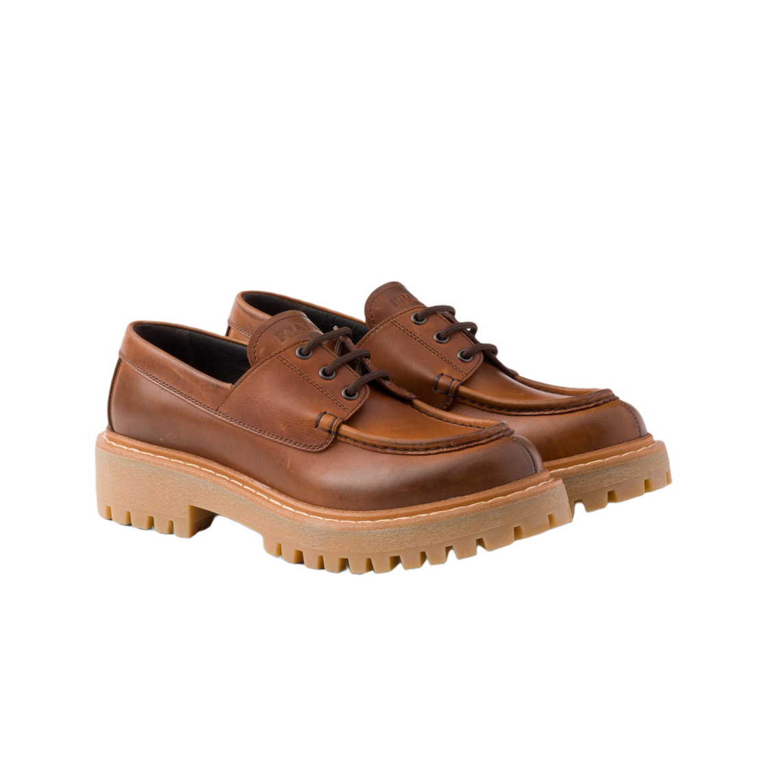(W) 프라다 레이스드 레더 로퍼 꼬냑((W) Prada Laced Leather Loafers Cognac) - 2