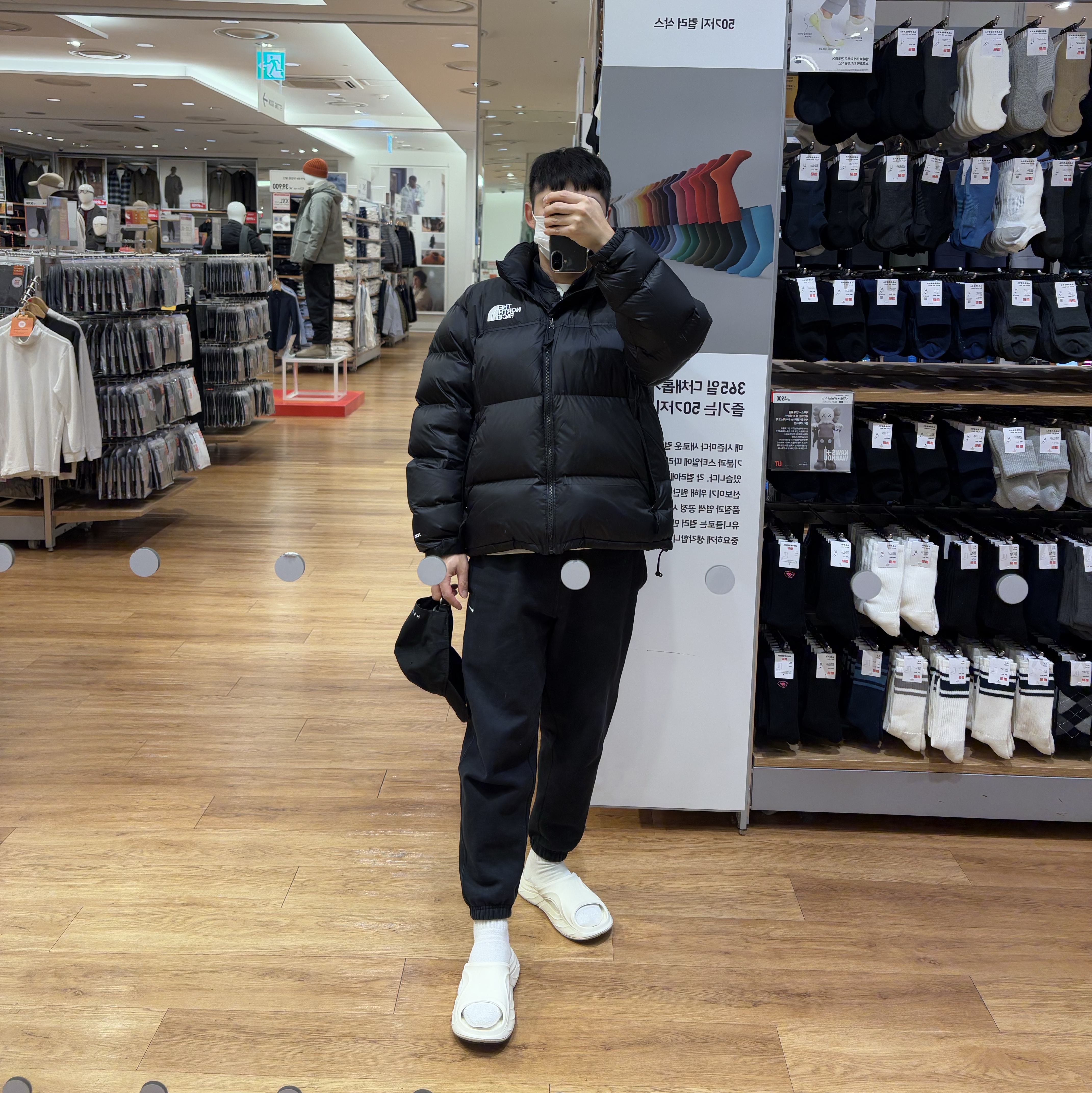 The North Face 1996 Retro Nuptse Down Jacket TNF Black, Nike NRG Solo Swoosh Fleece Pants Black White - Asia 착용 스타일