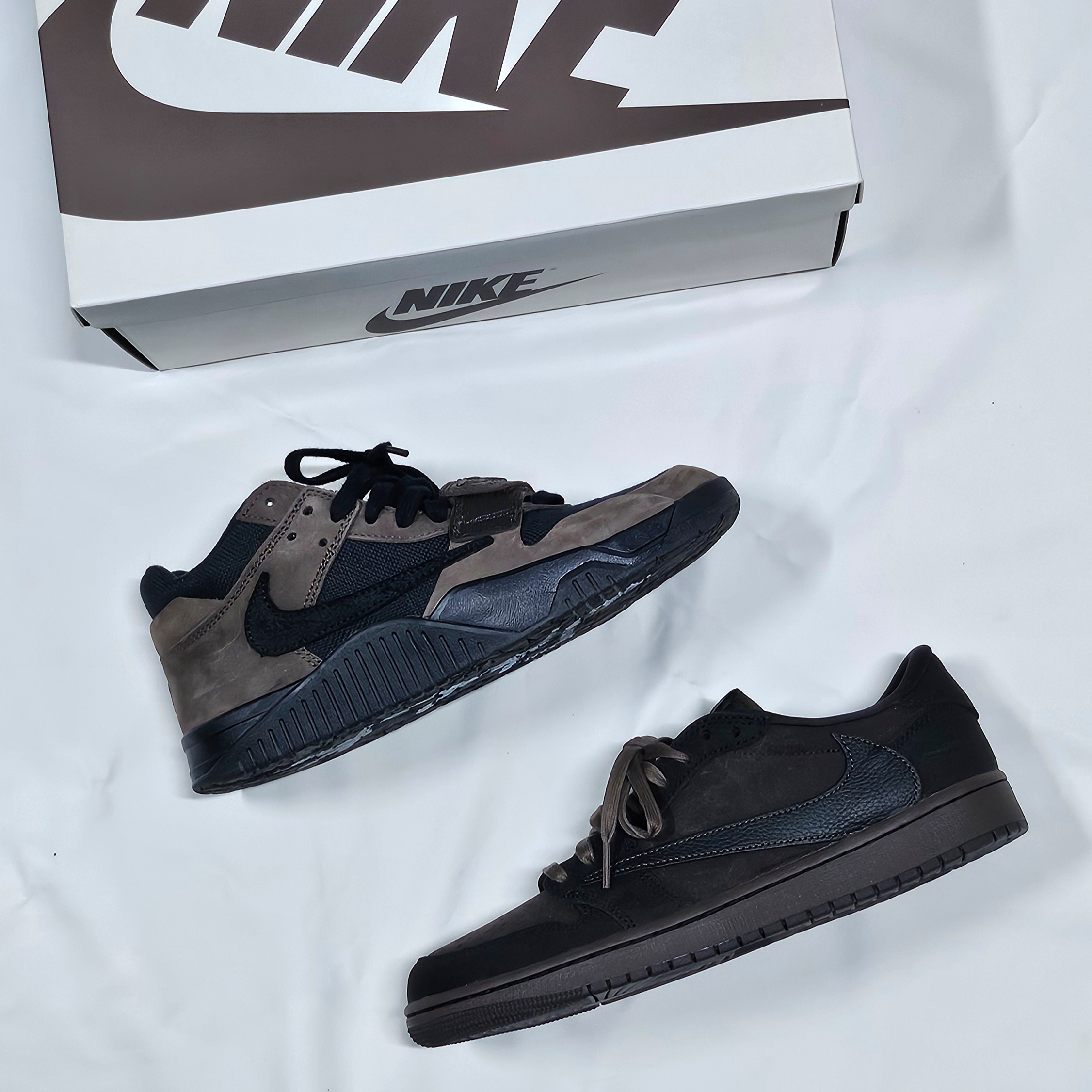 Jordan x Travis Scott Jumpman Jack TR Black and Dark Mocha, Jordan 1 x Travis Scott Retro Low OG SP Velvet Brown and Dark Mocha 착용 스타일