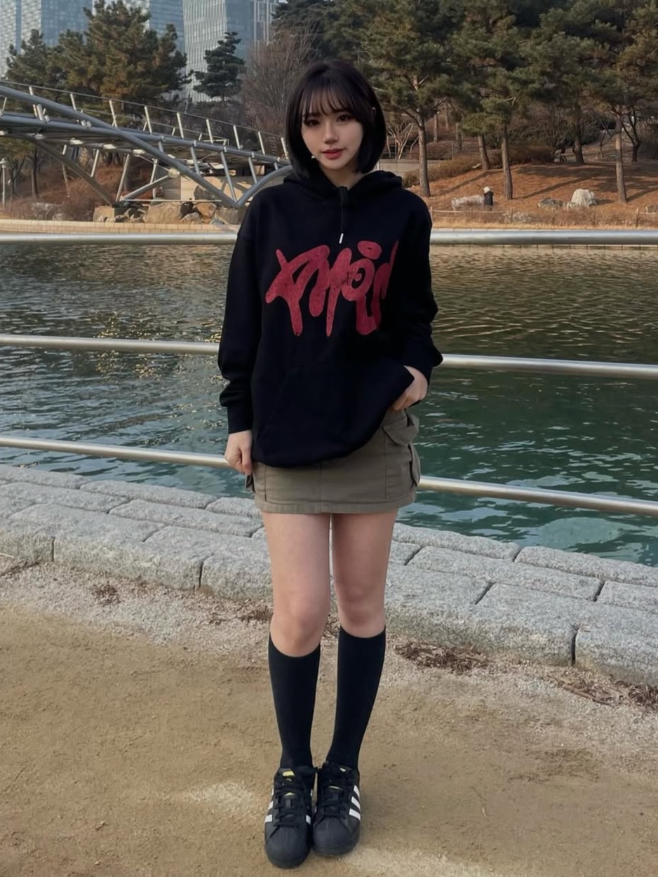 PHOS333 Graffiti Phos Hoodie Black, Adidas Superstar Core Black White 착용 스타일 - 1