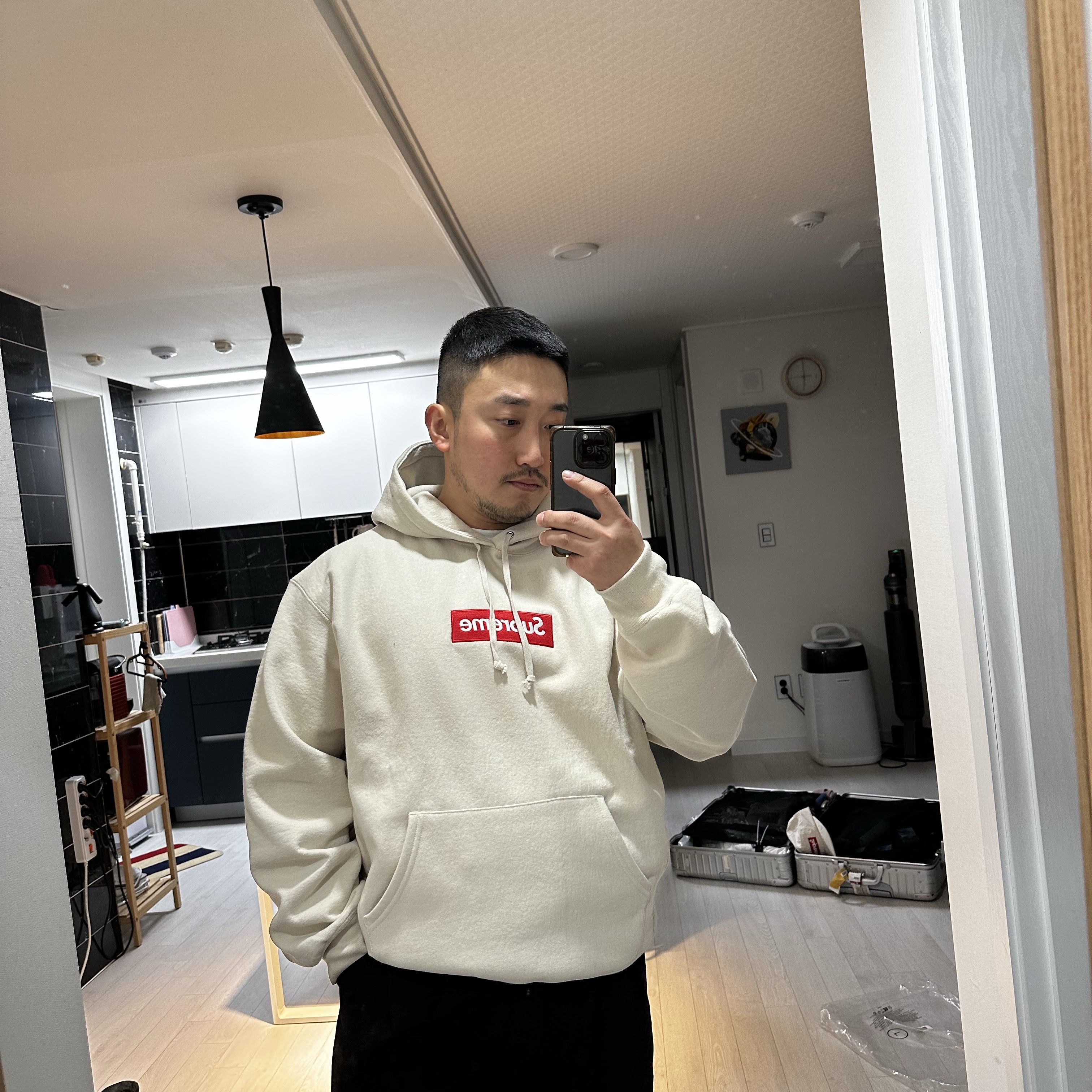 Supreme Box Logo Hooded Sweatshirt Stone - 24FW 착용 스타일