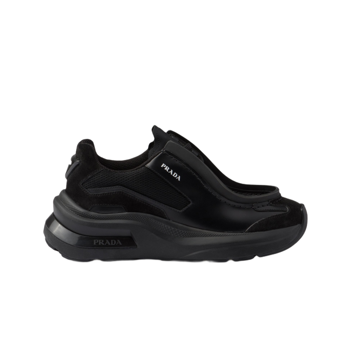 1E492N-3C37-F0002 (W) Prada Brushed Leather, Bike Fabric, and Suede Sneakers Black