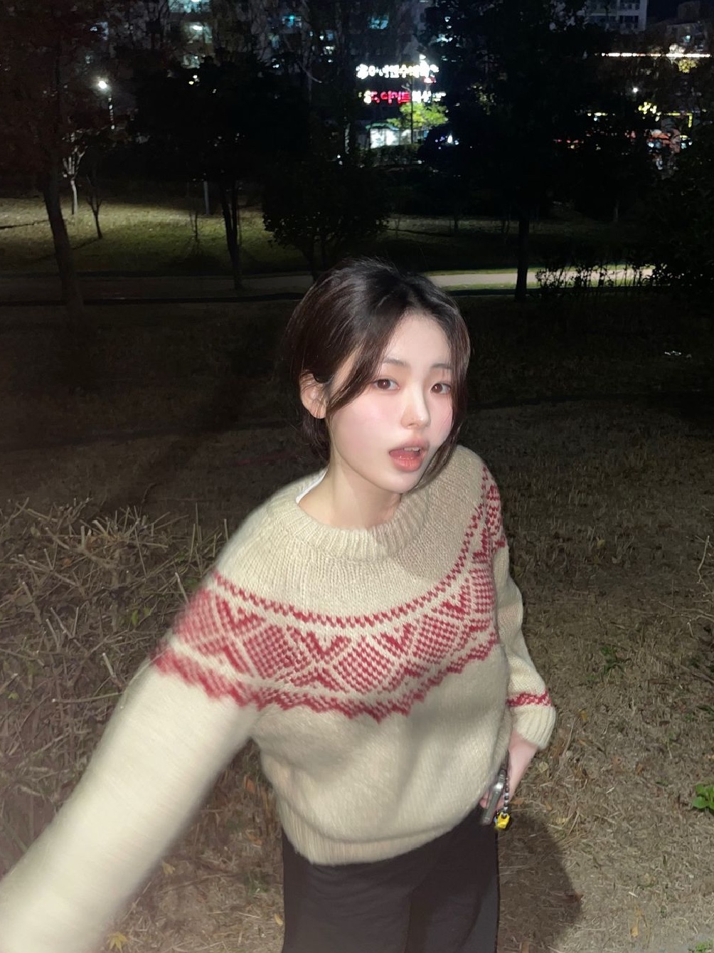 Siyazu SIKN2103 Loose Fit Alpaca Nordic Sweater Red 착용 스타일 - 2