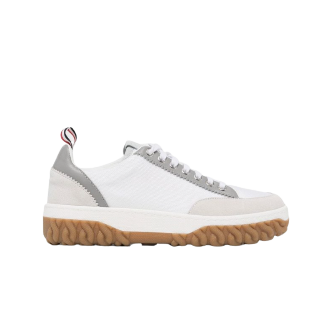 FFD116A-F0074-100 (W) Thom Browne Cable Knit Nylon Leather Mix Coat Shoes White