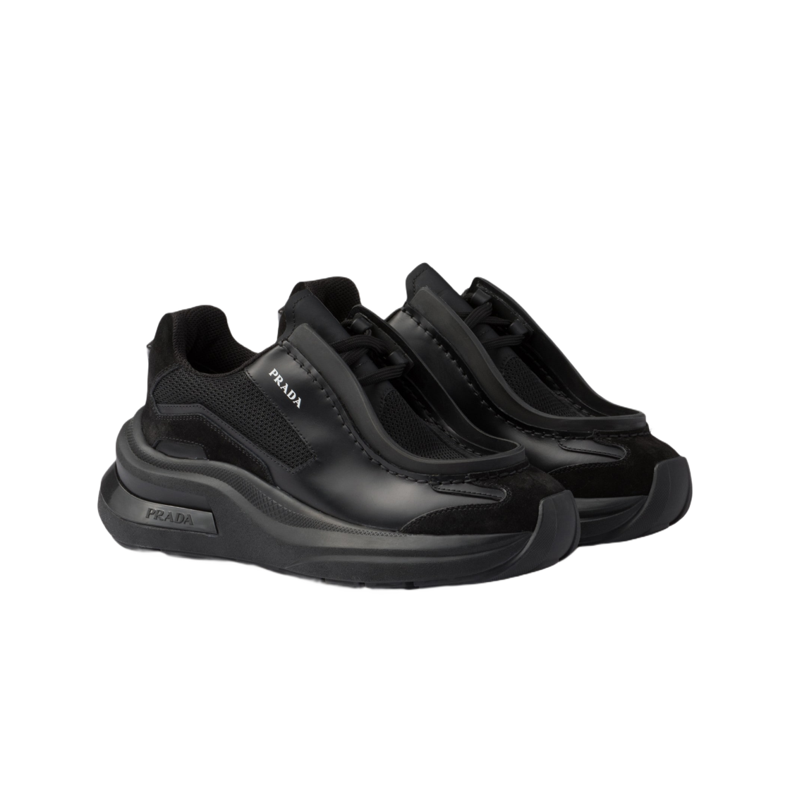 (W) 프라다 브러쉬드 레더, 바이크 패브릭, 앤 스웨이드 스니커즈 블랙((W) Prada Brushed Leather, Bike Fabric, and Suede Sneakers Black) - 2