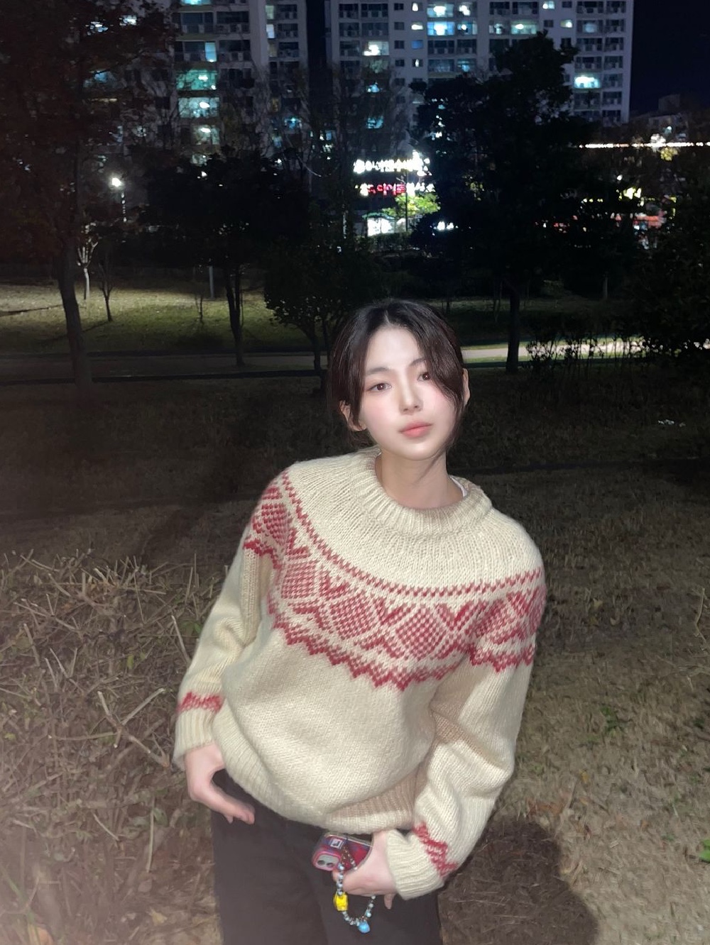 Siyazu SIKN2103 Loose Fit Alpaca Nordic Sweater Red 착용 스타일 - 1