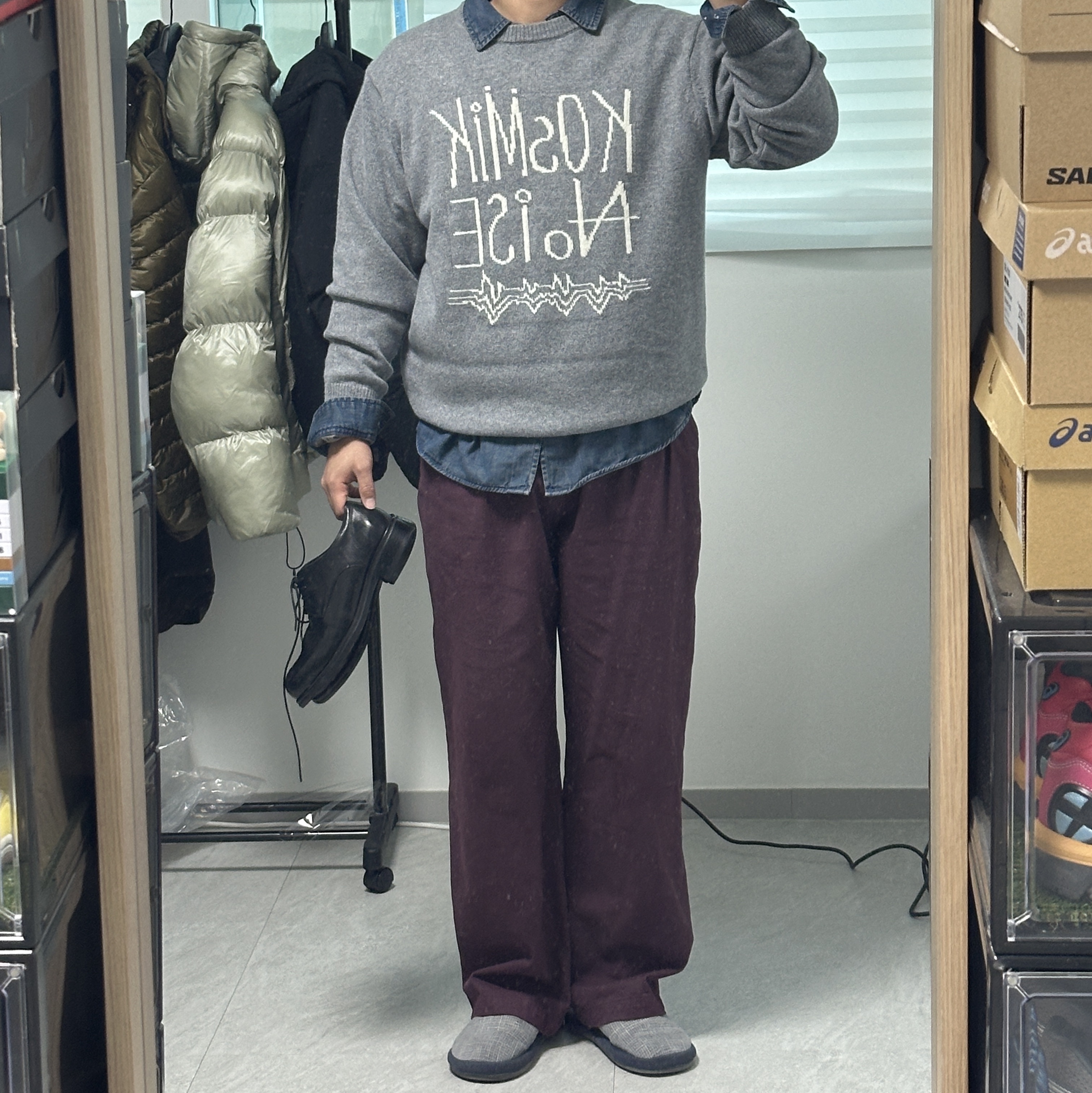 GU x Undercover Crewneck Sweater Gray 착용 스타일
