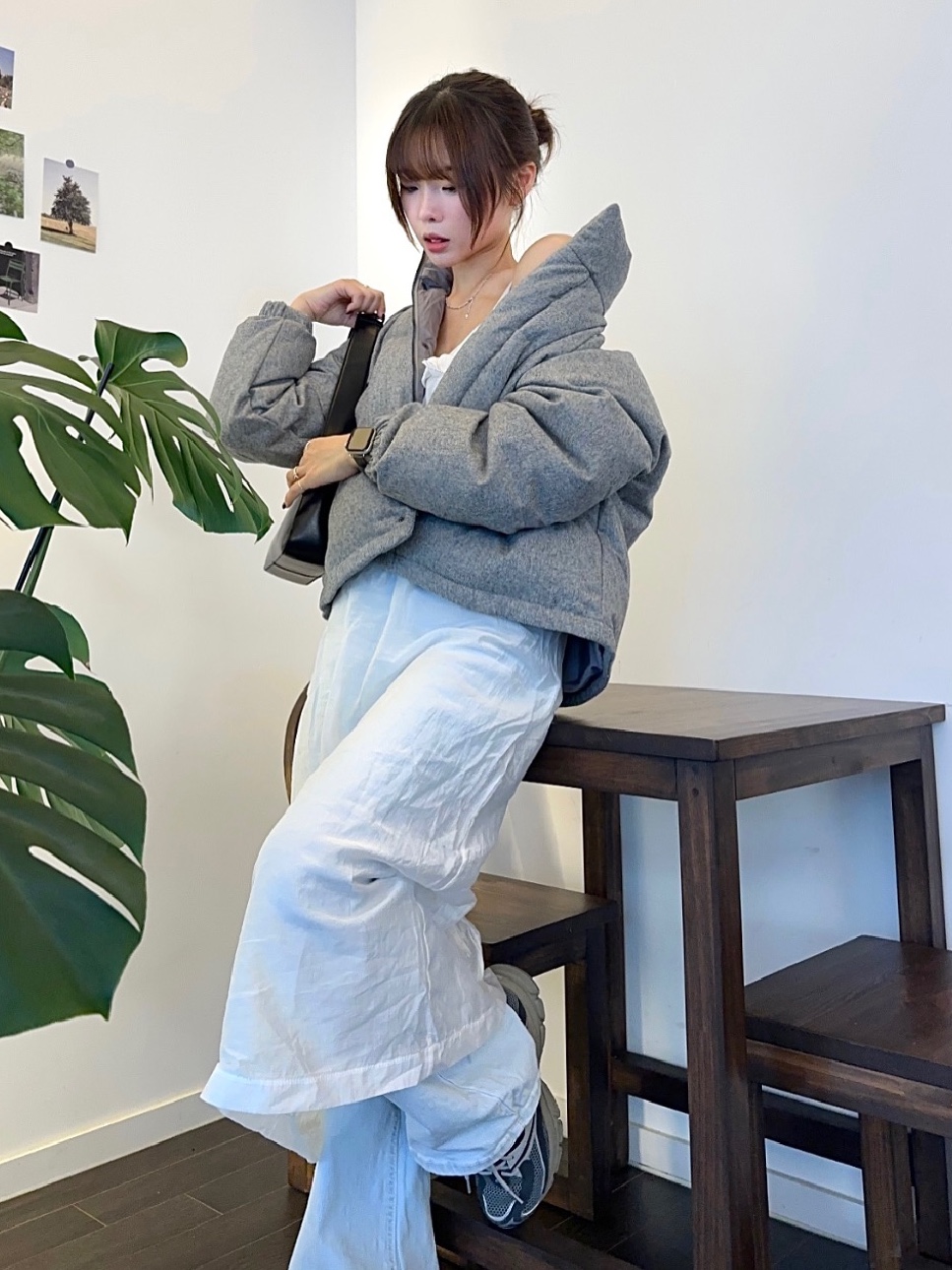 Siyazu SIOT4010 Woolen Duckdown Crop PD Melange gray 착용 스타일 - 3