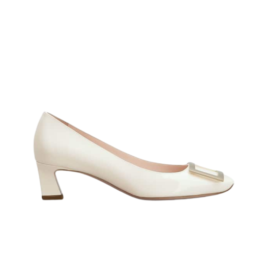 (W) Roger Vivier Trompette Metal Buckle Pumps Patent Leather Off White