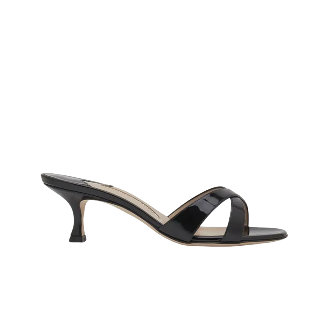 (W) 마놀로 블라닉 캘러무 페이턴트 레더 오픈 토 뮬 블랙((W) Manolo Blahnik Callamu Patent Leather Open Toe Mules Black)