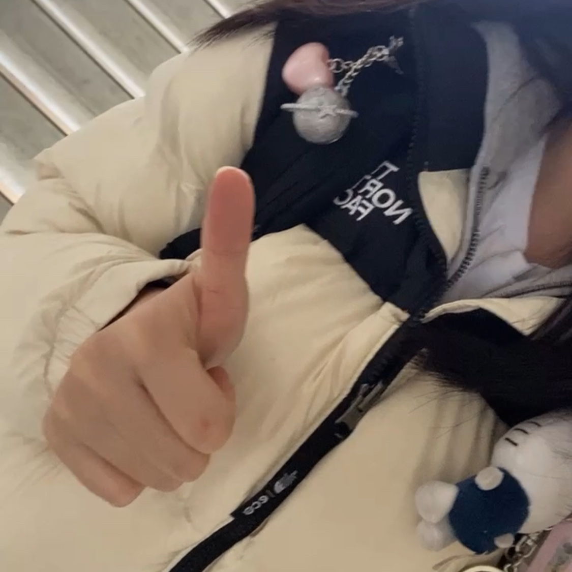 (W) The North Face 1996 Eco Nuptse Jacket Cream, Sanrio Hello Kitty Mini Mascot Holder 착용 스타일