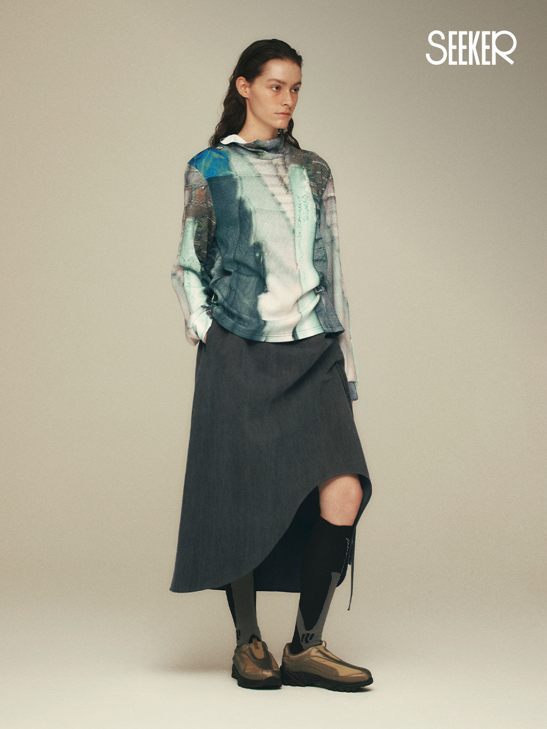 SEEN Hi-Neck Knit Long Sleeve Colour, SEEN Printing More Snap Shirts Landscape 착용 스타일 - 5